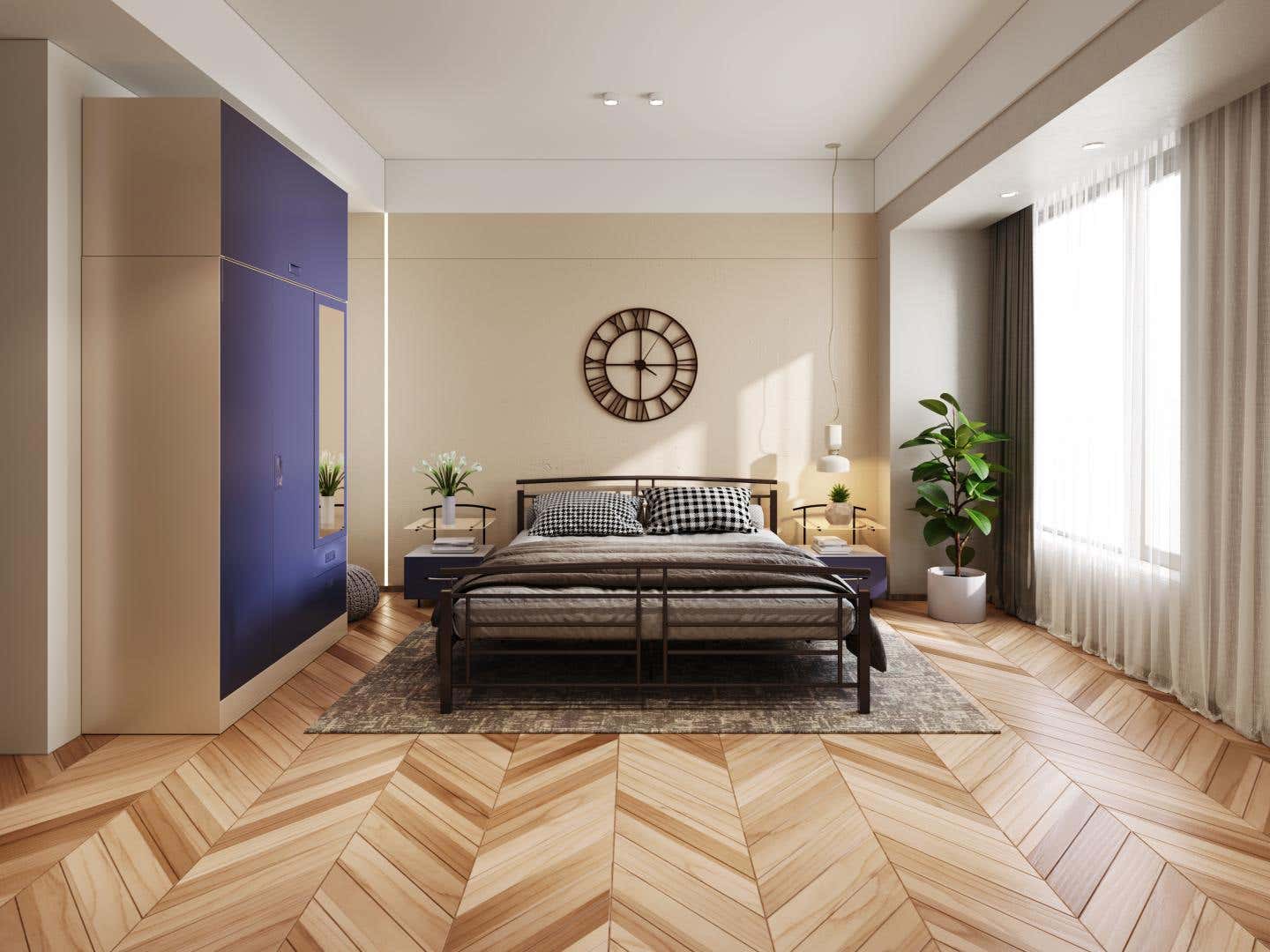 Thoughtfully crafted Fiona metal bed by Interio in a contemporary bedroom, next to an Interio wardrobe.