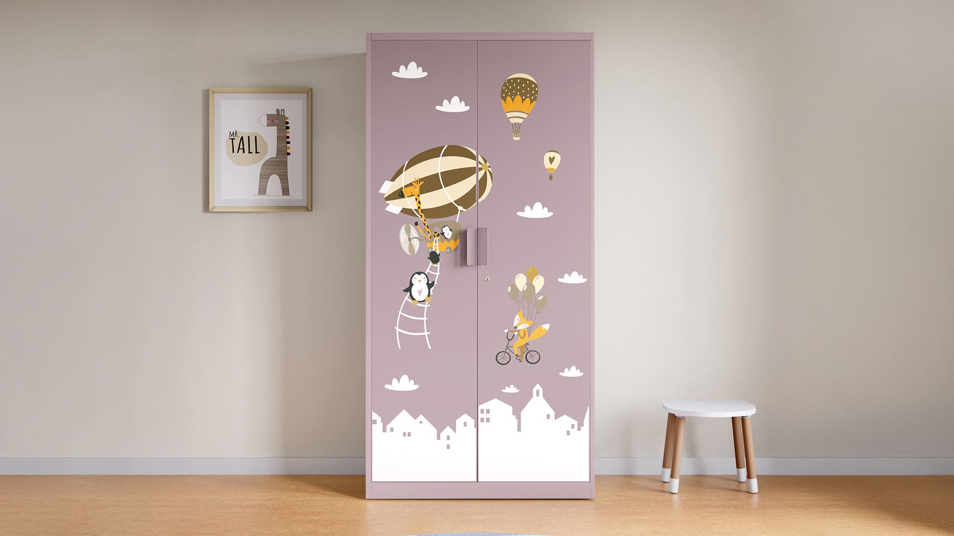 Kids 2-Door Steel Almirah/Wardrobe (Hot Air Balloon Digital Print in Lilac Glaze)
