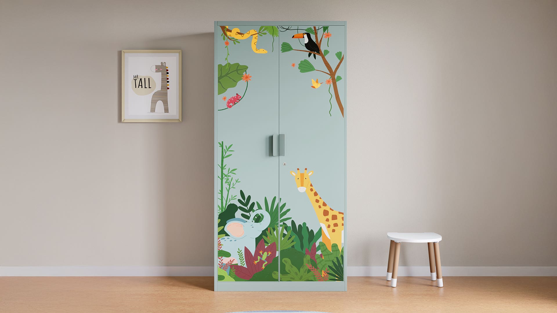 Kids 2-Door Steel Almirah/Wardrobe (Jungle Scene Digital Print in Sky Gray)