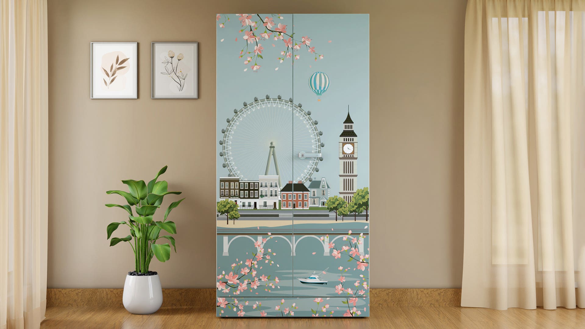 Auraline® Men Basic Digital Printed 2-Door Steel Almirah/Wardrobe (Riverside Riviera - Sky Grey)