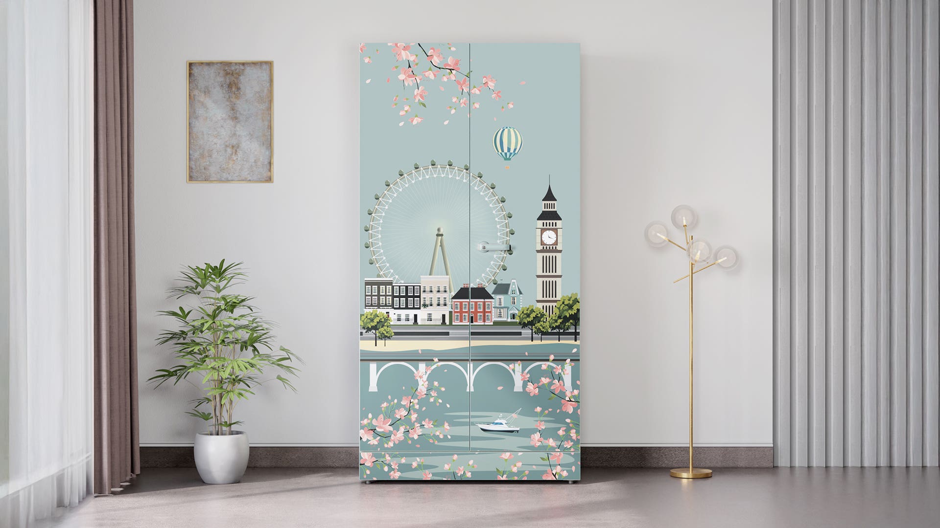 Auraline® Women Basic Digital Printed 2-Door Steel Almirah/Wardrobe (Riverside Riviera - Sky Grey)