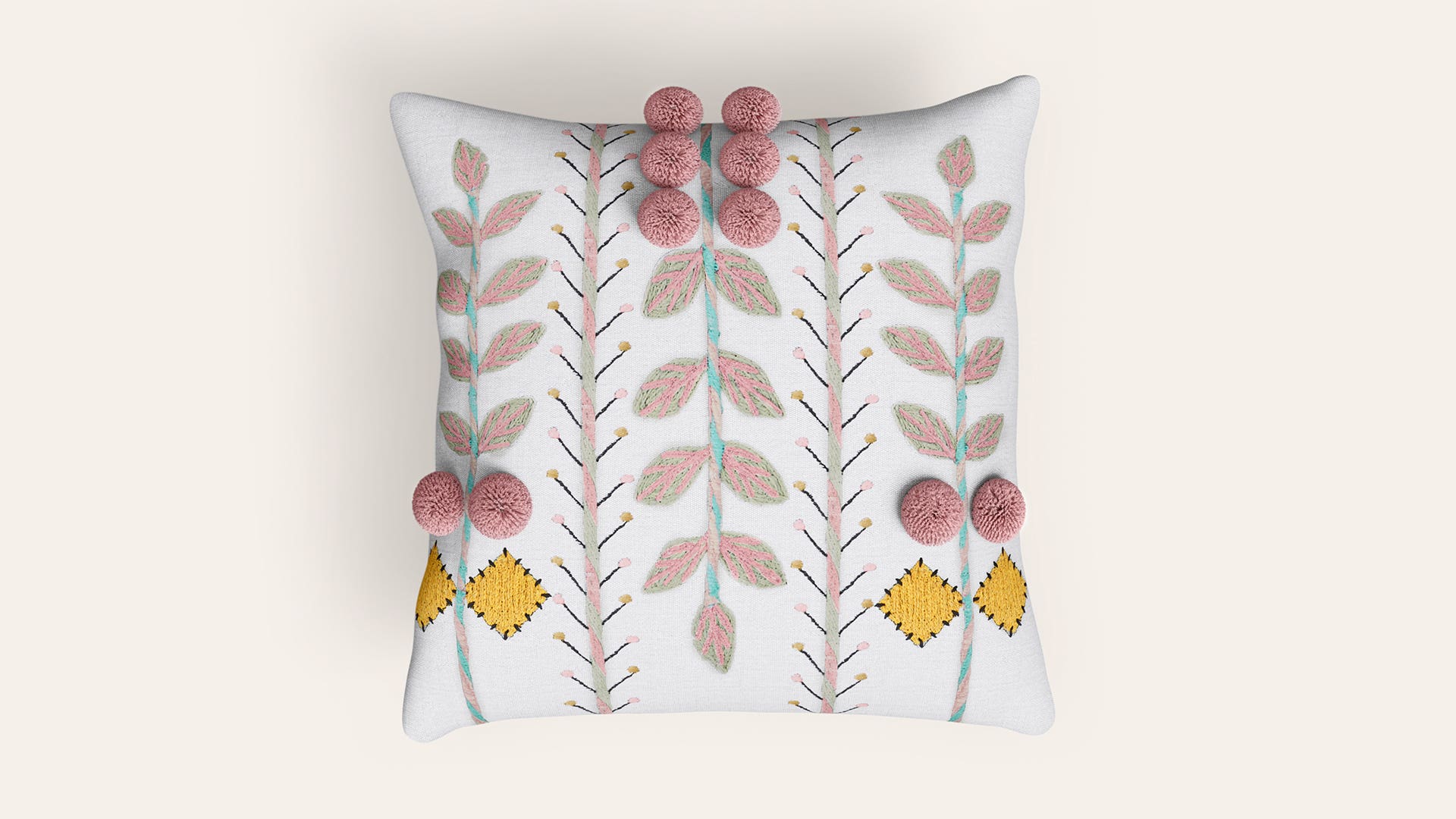 18x18 Cotton Square Cushion Cover (Leaf Pompom)
