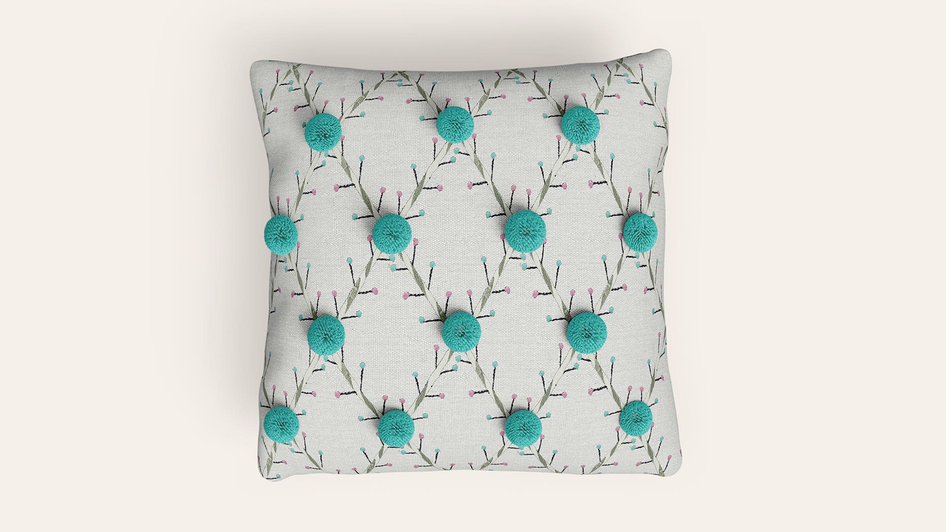 18x18 Cotton Square Cushion Cover (New Leaf Pompom)