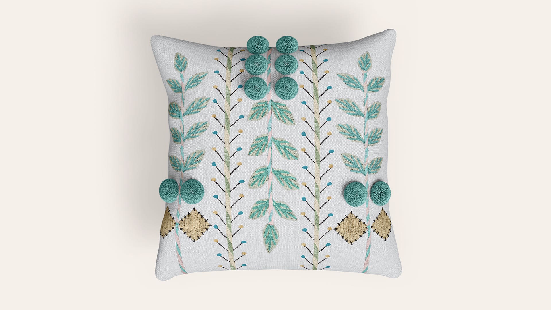 18x18 Cotton Square Cushion Cover (Leaf Pompom)