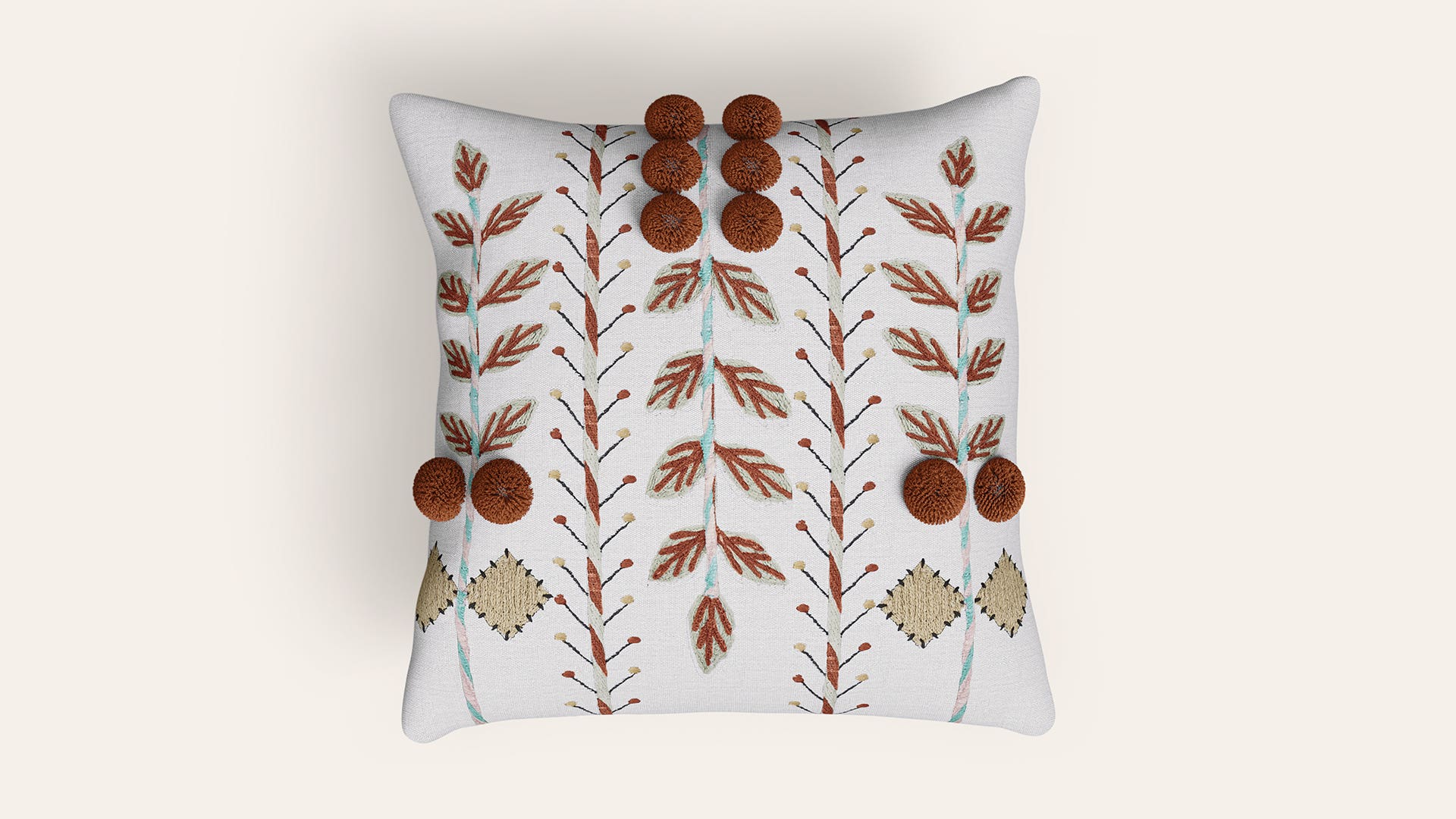18x18 Cotton Square Cushion Cover (Leaf Pompom)