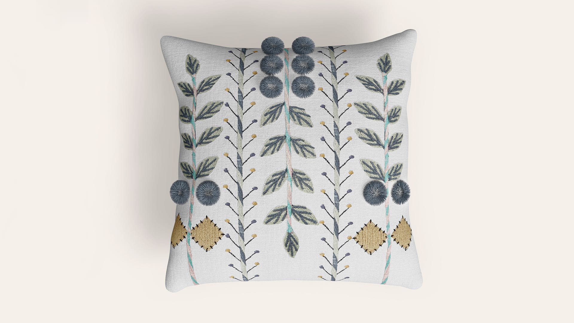 18x18 Cotton Square Cushion Cover (Leaf Pompom)