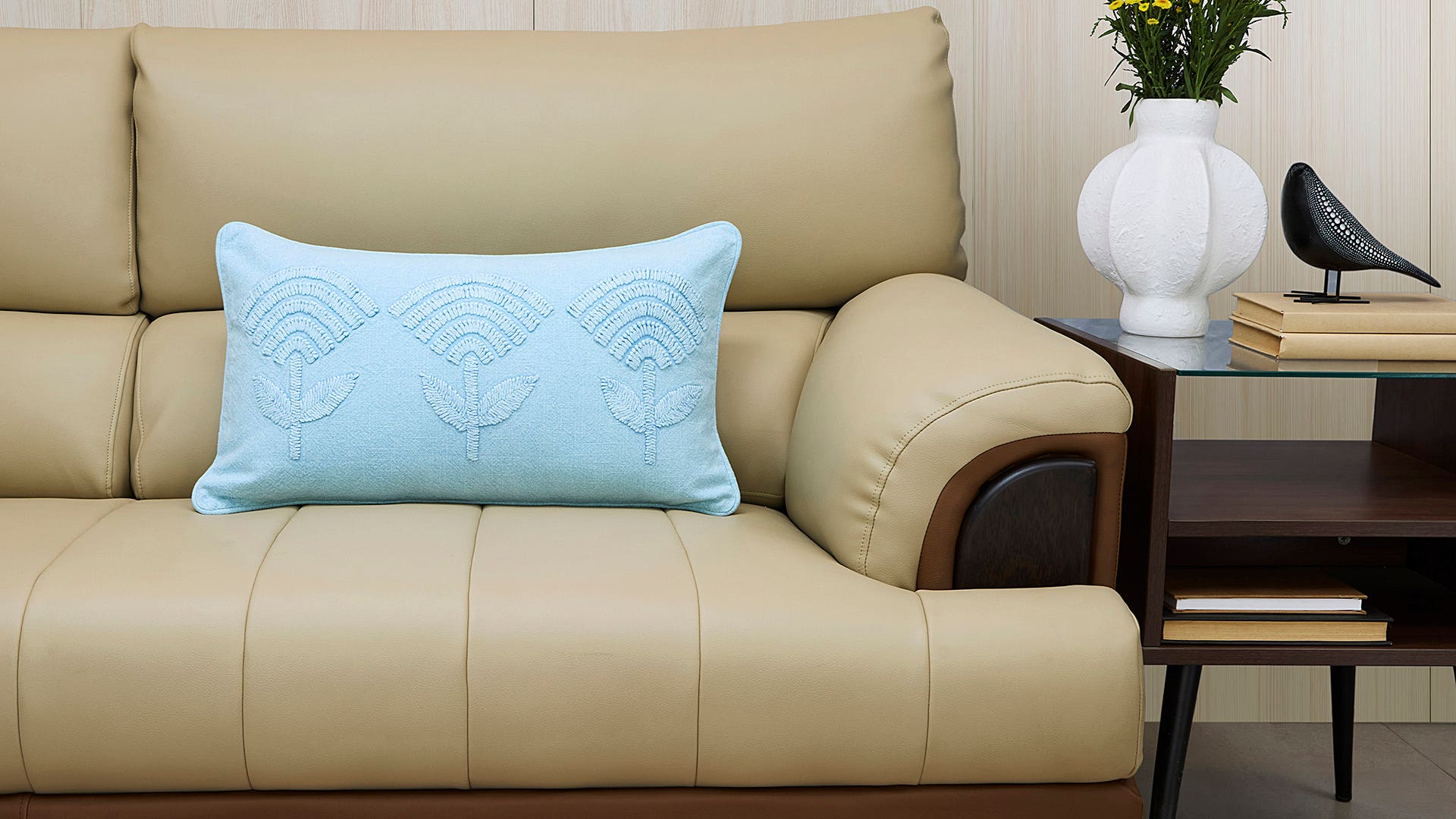 Floral-Embroidered Polyester Cushion Cover