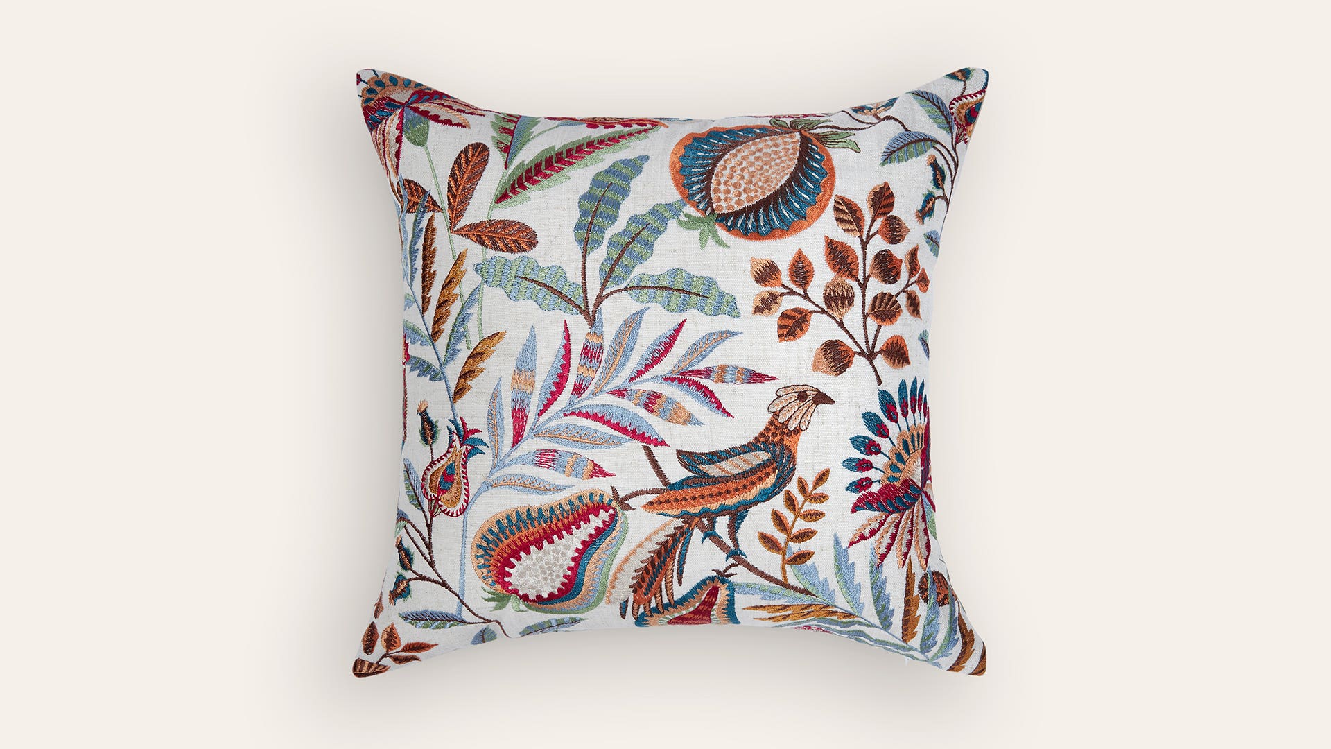 Floral-Embroidered Cotton Cushion Cover