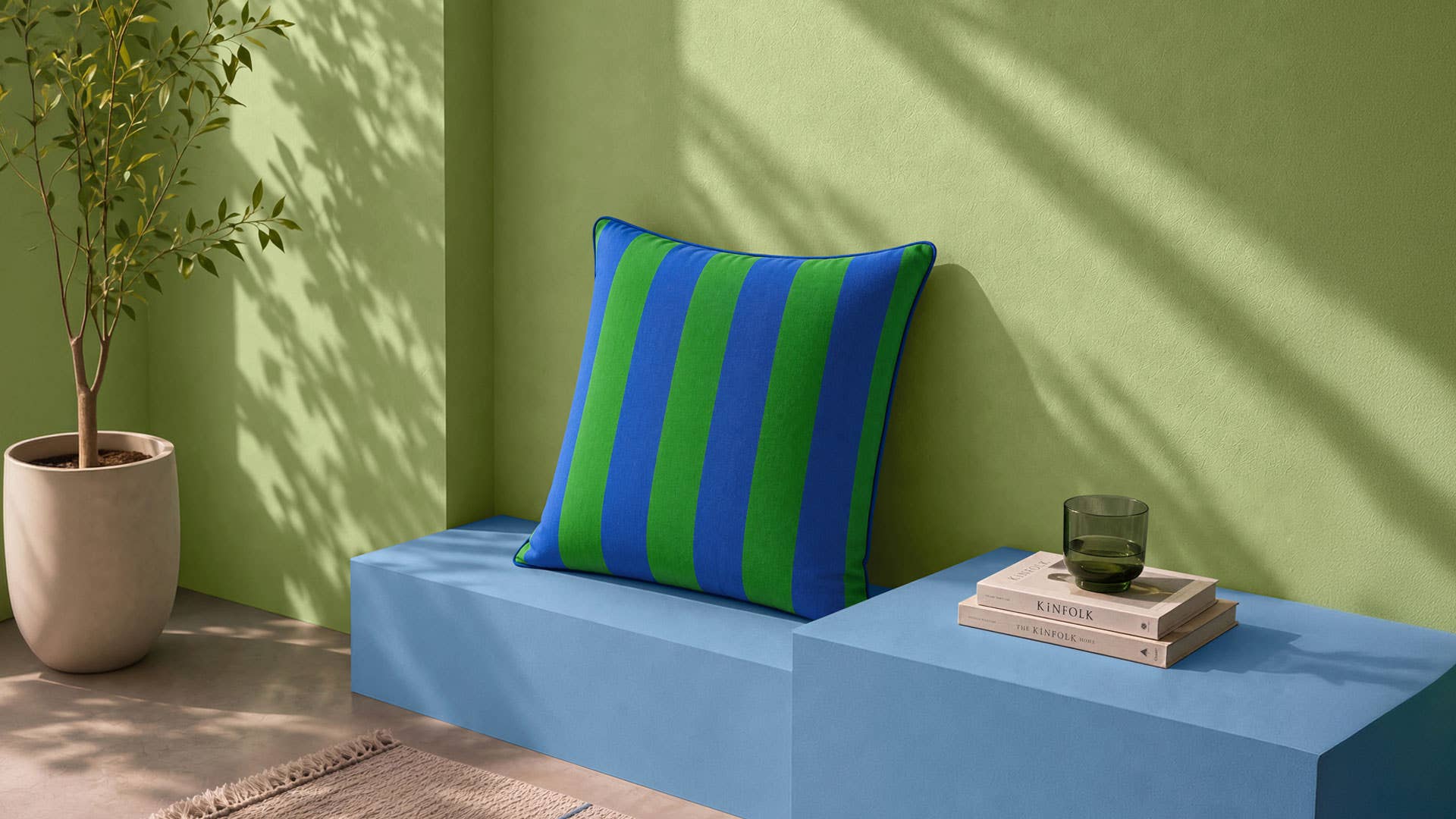 Green & Blue Stripes Printed Polyester Cushion Cover