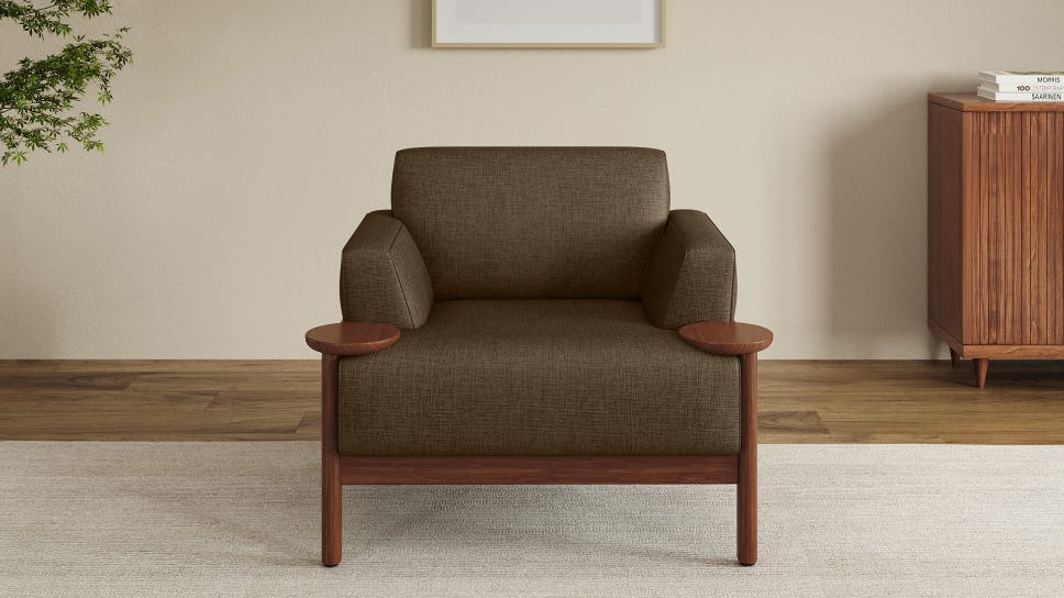 Lavana 1-Seater Fabric Sofa with Wooden Disk Tray on Armrest