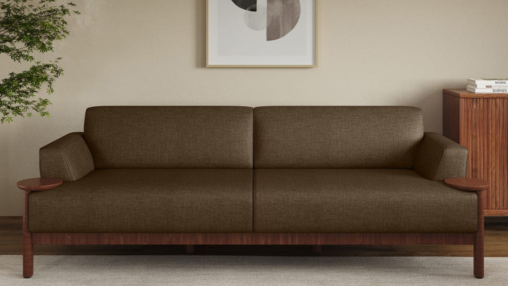 Lavana 3-Seater Fabric Sofa with Wooden Disk Tray on Armrest