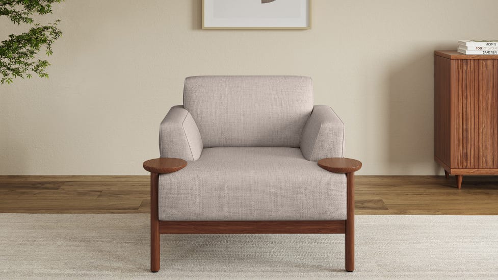 Lavana 1-Seater Fabric Sofa with Wooden Disk Tray on Armrest