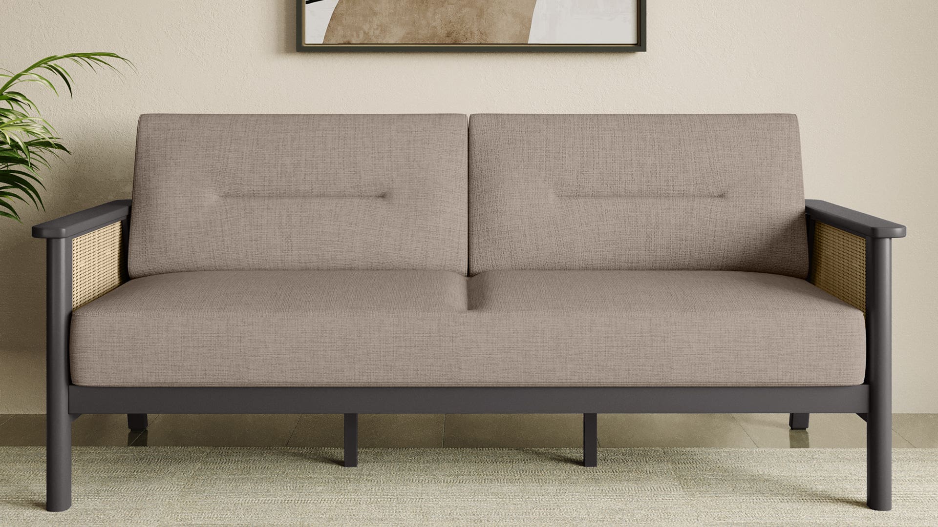Ristova Fabric Sofa with Rattan Weave Armrest