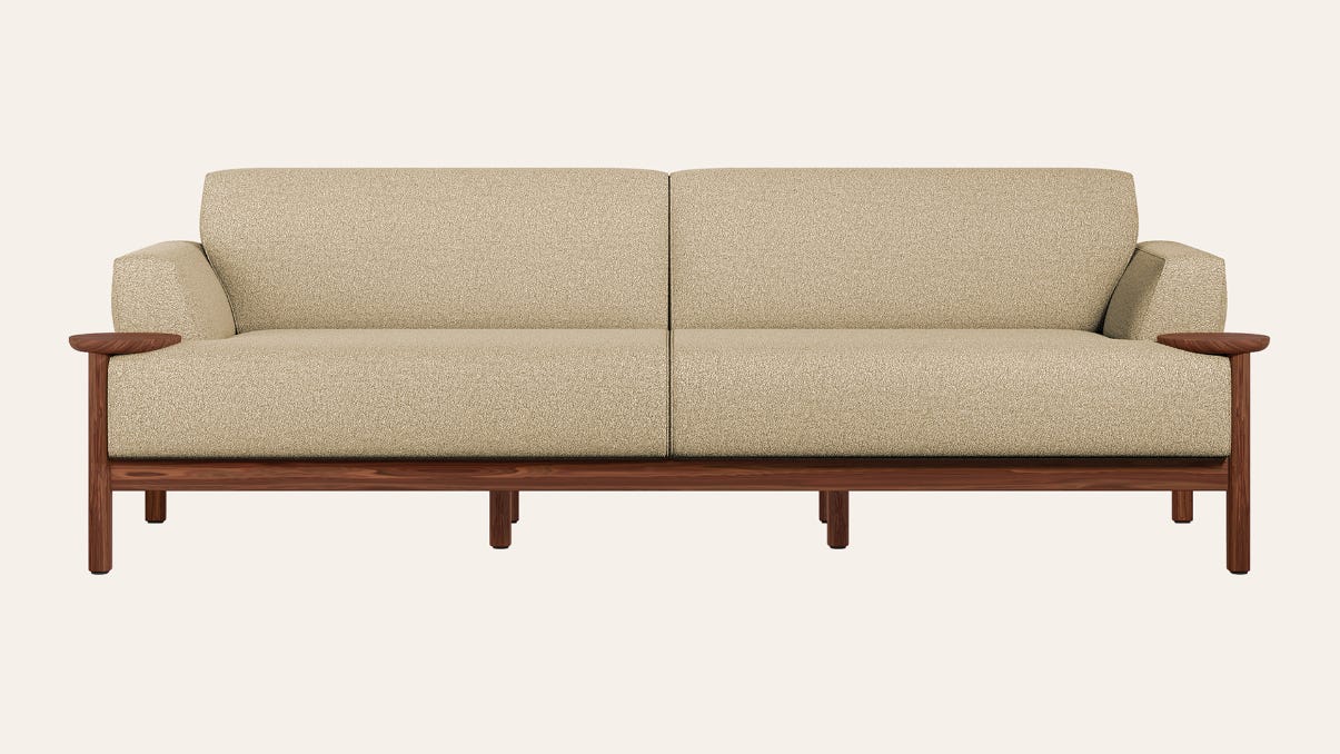 Lavana 3-Seater Fabric Sofa with Wooden Disk Tray on Armrest