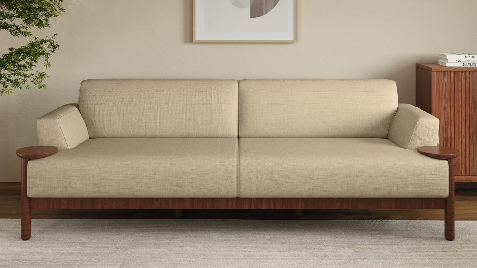 Lavana 3-Seater Fabric Sofa with Wooden Disk Tray on Armrest
