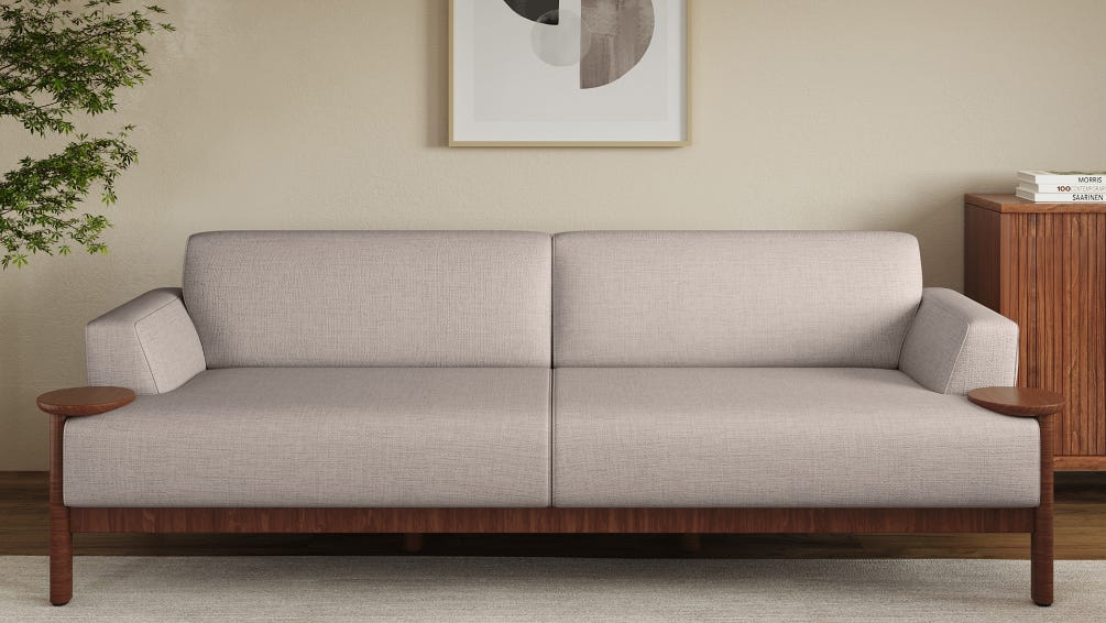 Lavana 3-Seater Fabric Sofa with Wooden Disk Tray on Armrest