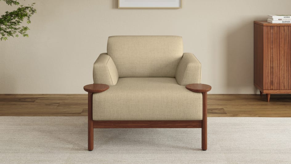 Lavana 1-Seater Fabric Sofa with Wooden Disk Tray on Armrest