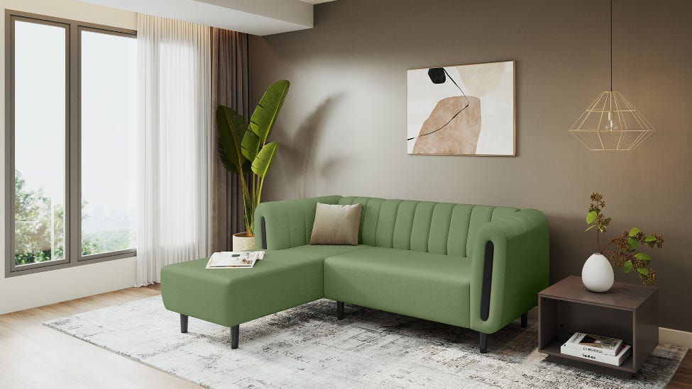 Paramount L-Shape 3 Seater Right Hand Side Fabric Sofa (Green)
