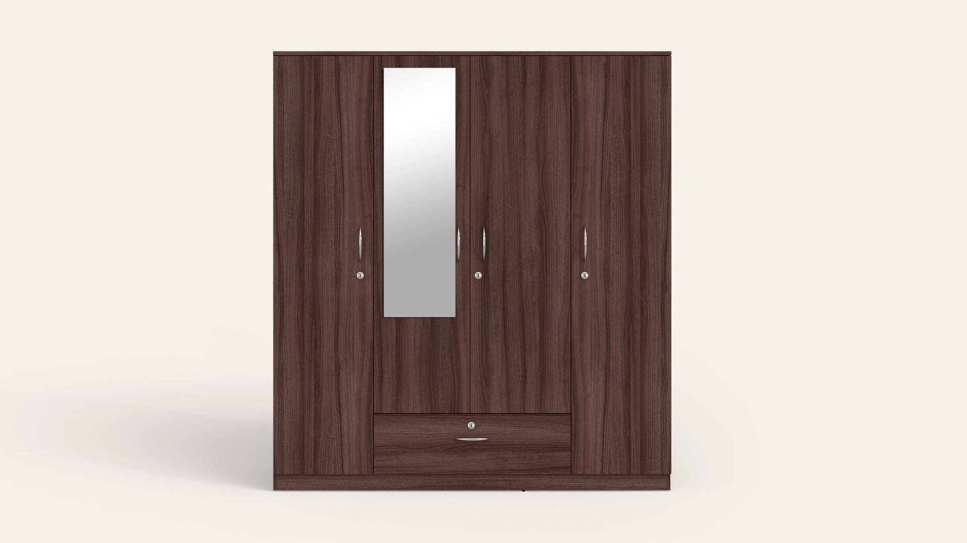 Ewa 4-Door Wooden Wardrobe/Almirah with Mirror (Brown)