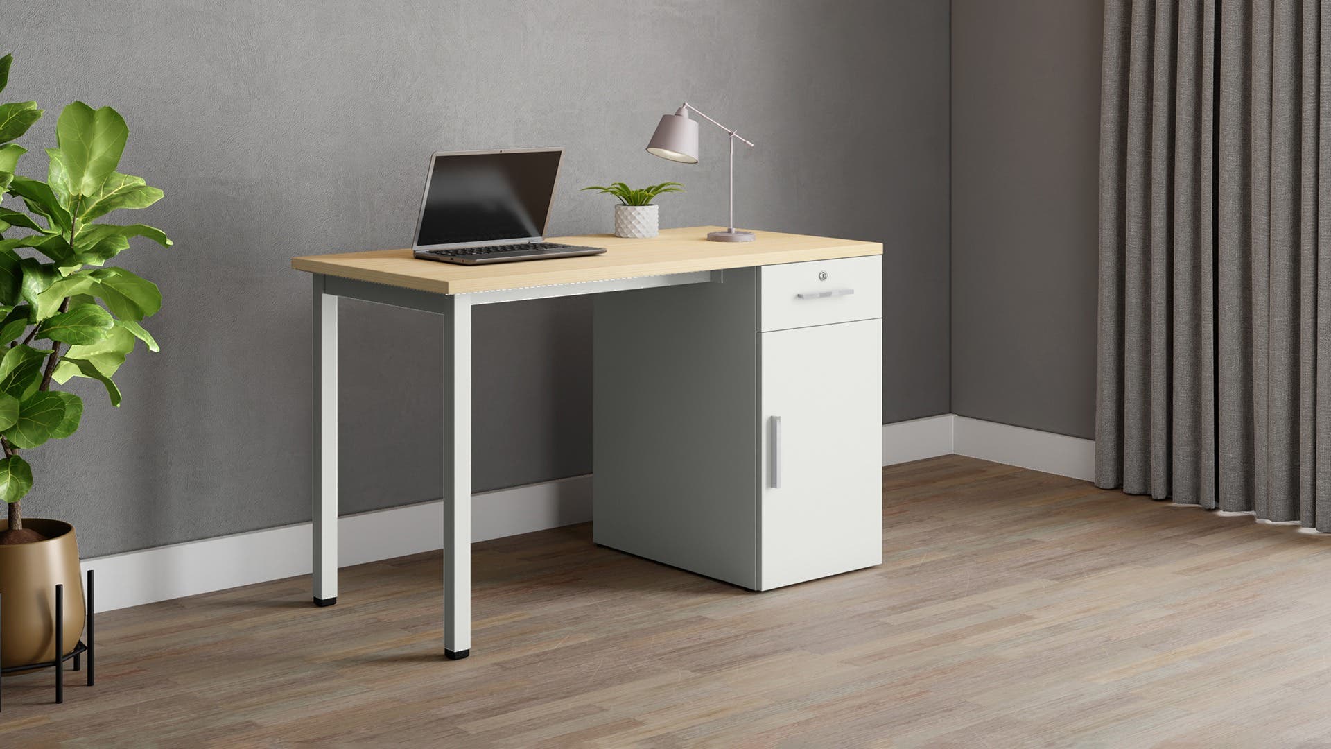 Nest Individual Desk with Right Side Wooden Storage - 1200 X 600 (Douglas Pine Top, Sugar White Legs)