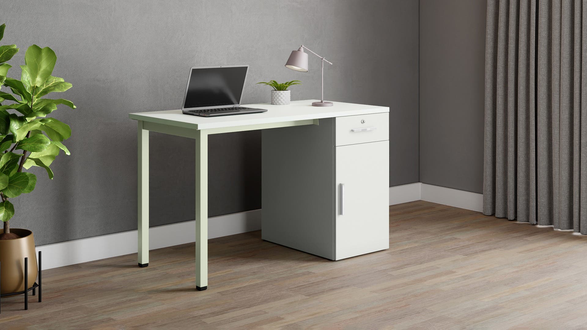 Nest Individual Desk with Right Side Wooden Storage - 1200 X 600 (Sugar White Top, Gargoyle Legs)