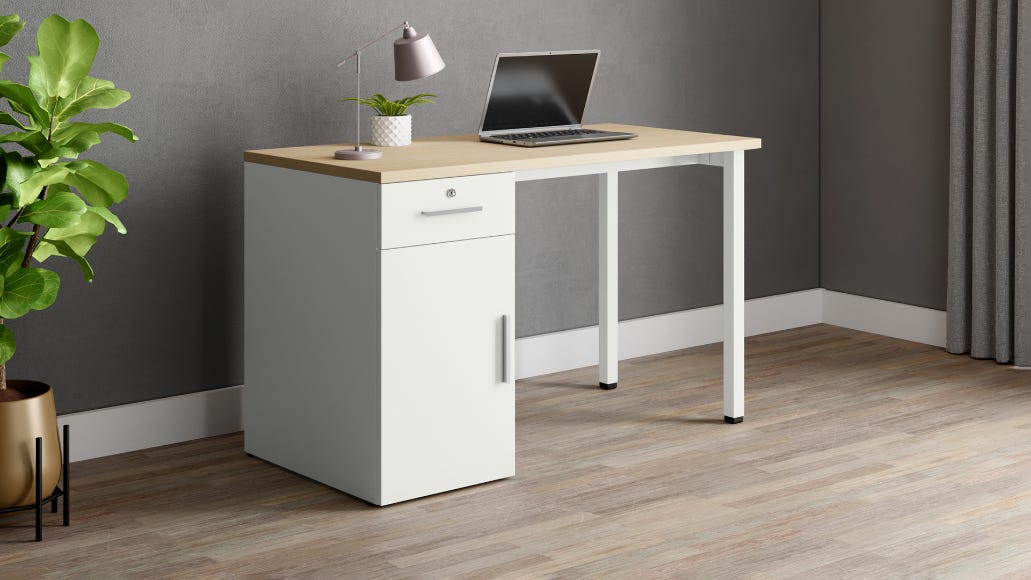 Nest Individual Desk with Left Side Wooden Storage - 1200 X 600 (Douglas Pine Top, Sugar White Legs)