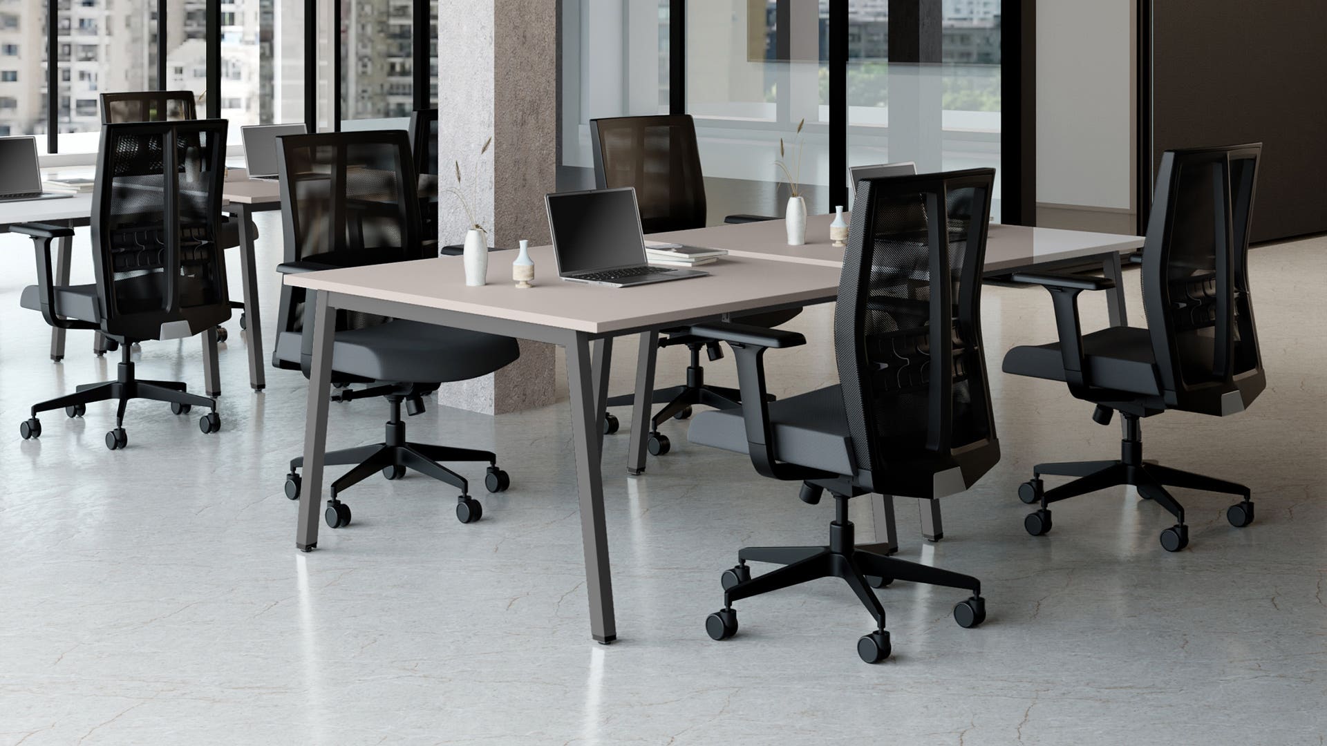 Flow Double Sided Workdesk - 1200 X 1200 (Warm Grey Top with Black Ink Legs)
