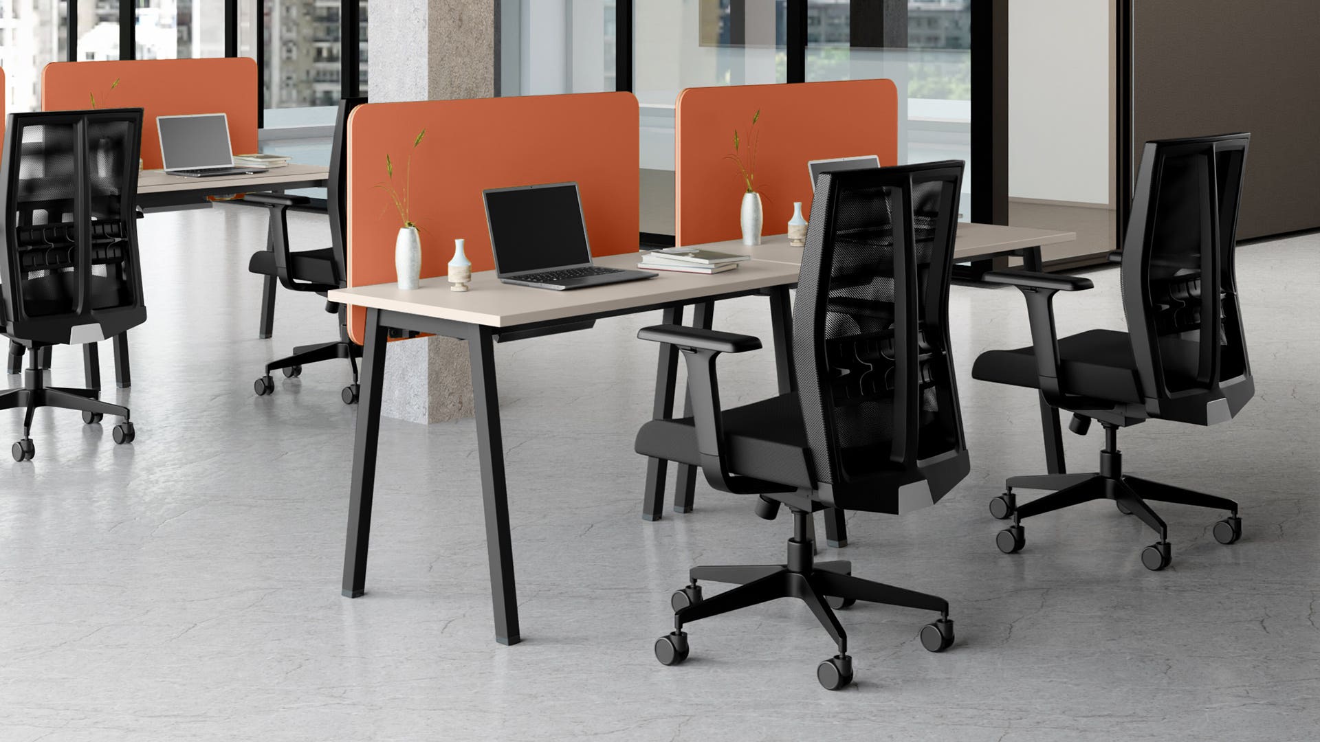 Flow Single Sided Workdesk with Fabric Screen - 1200 X 600 (Warm Grey Top with Black Ink Legs)