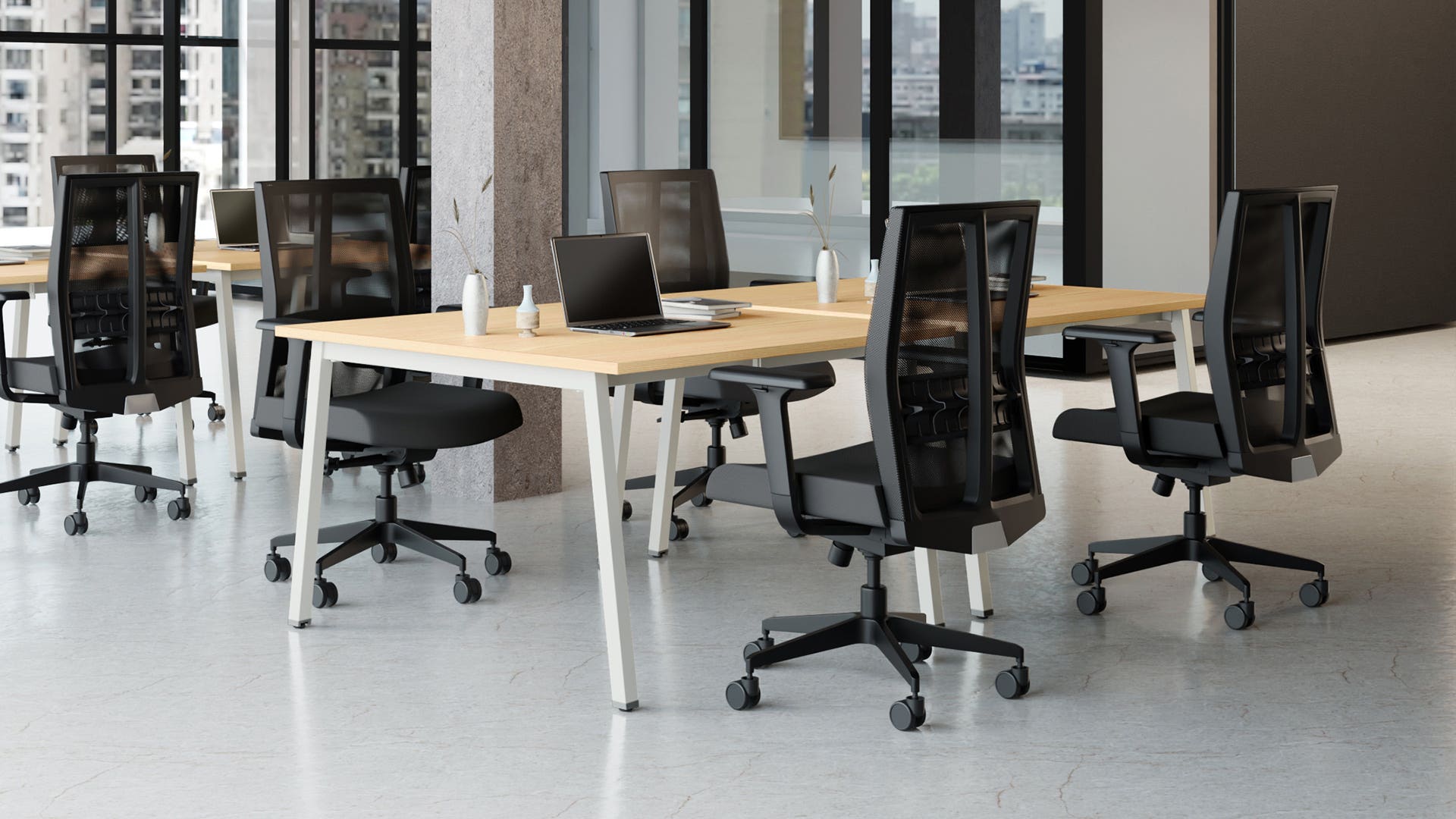 Flow Double Sided Workdesk - 1200 X 1200 (Douglus Pine Top with White Legs)