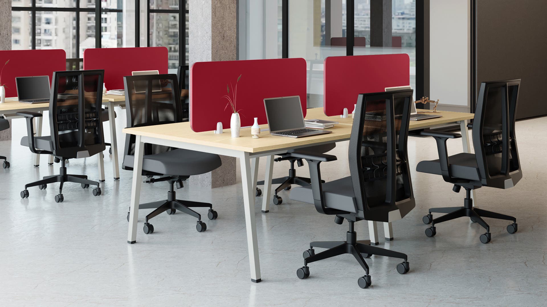 Flow Double Sided Workdesk with Fabric Screen - 1200 X 1200 (Douglus Pine Top with White Legs)