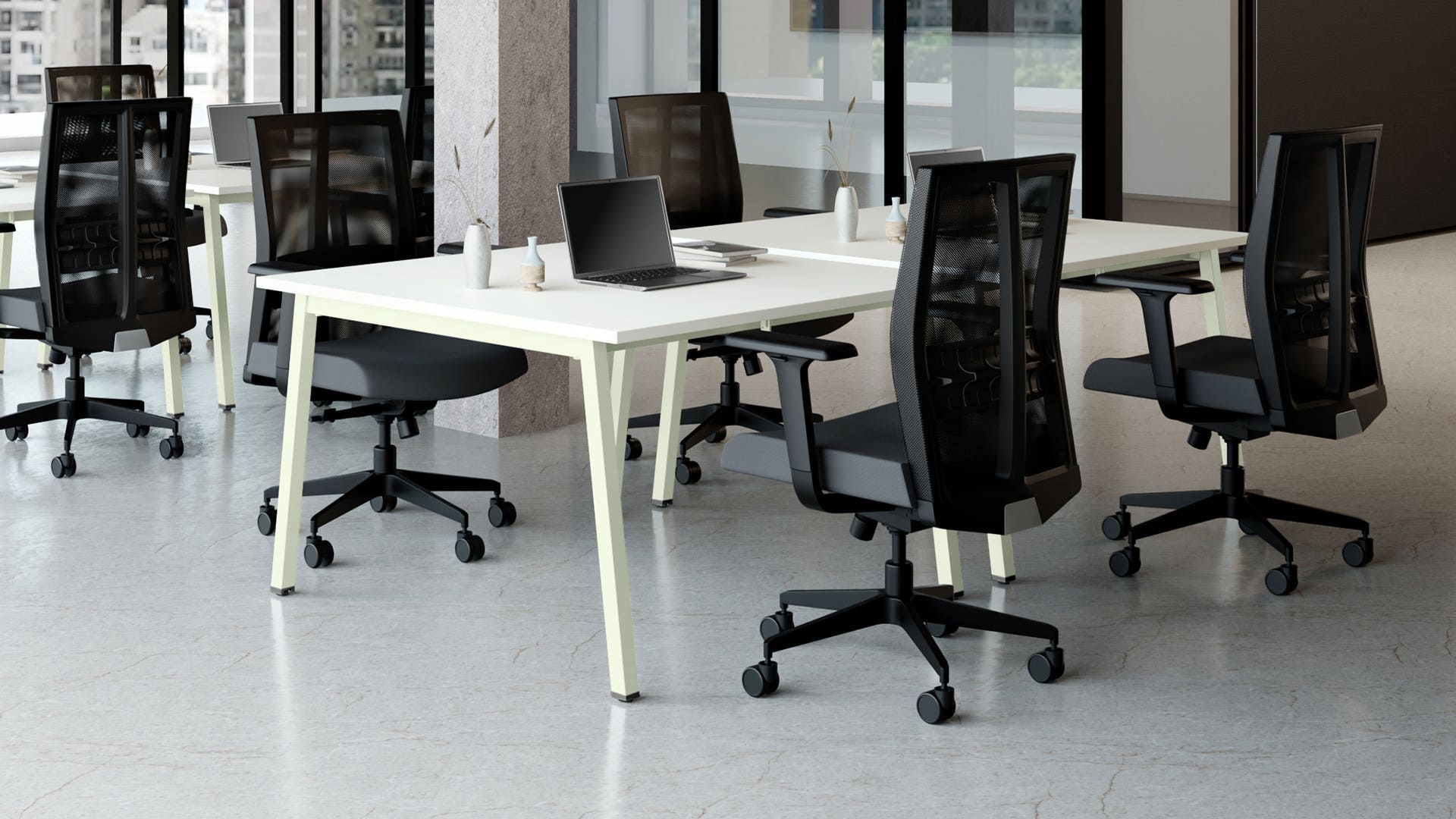 Flow Double Sided Workdesk - 1200 X 1200 (Sugar White Top with Gargoyle Legs)