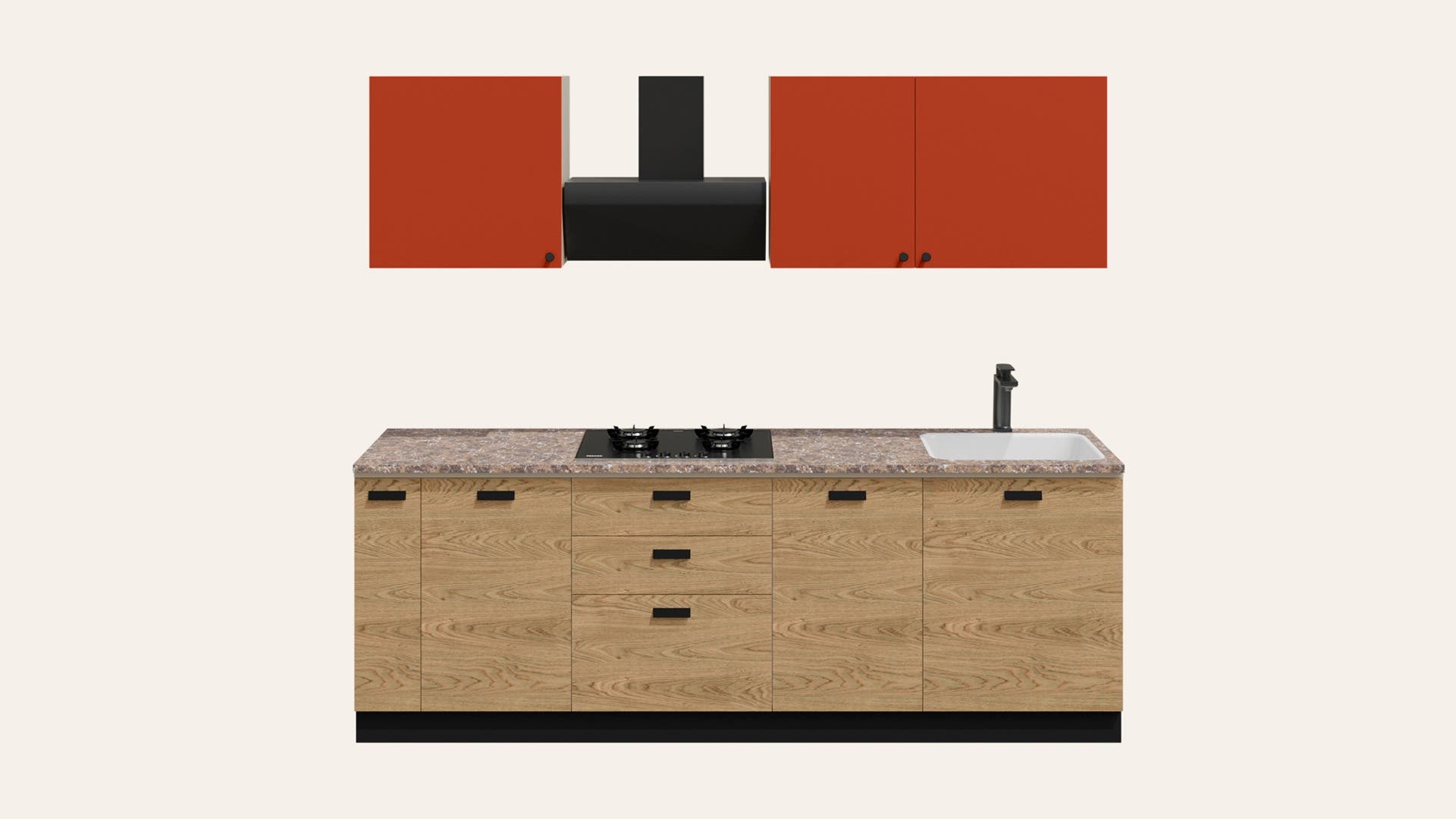 Modular Kitchen Complete Set with Countertop, Cabinets and Pull-out Drawers