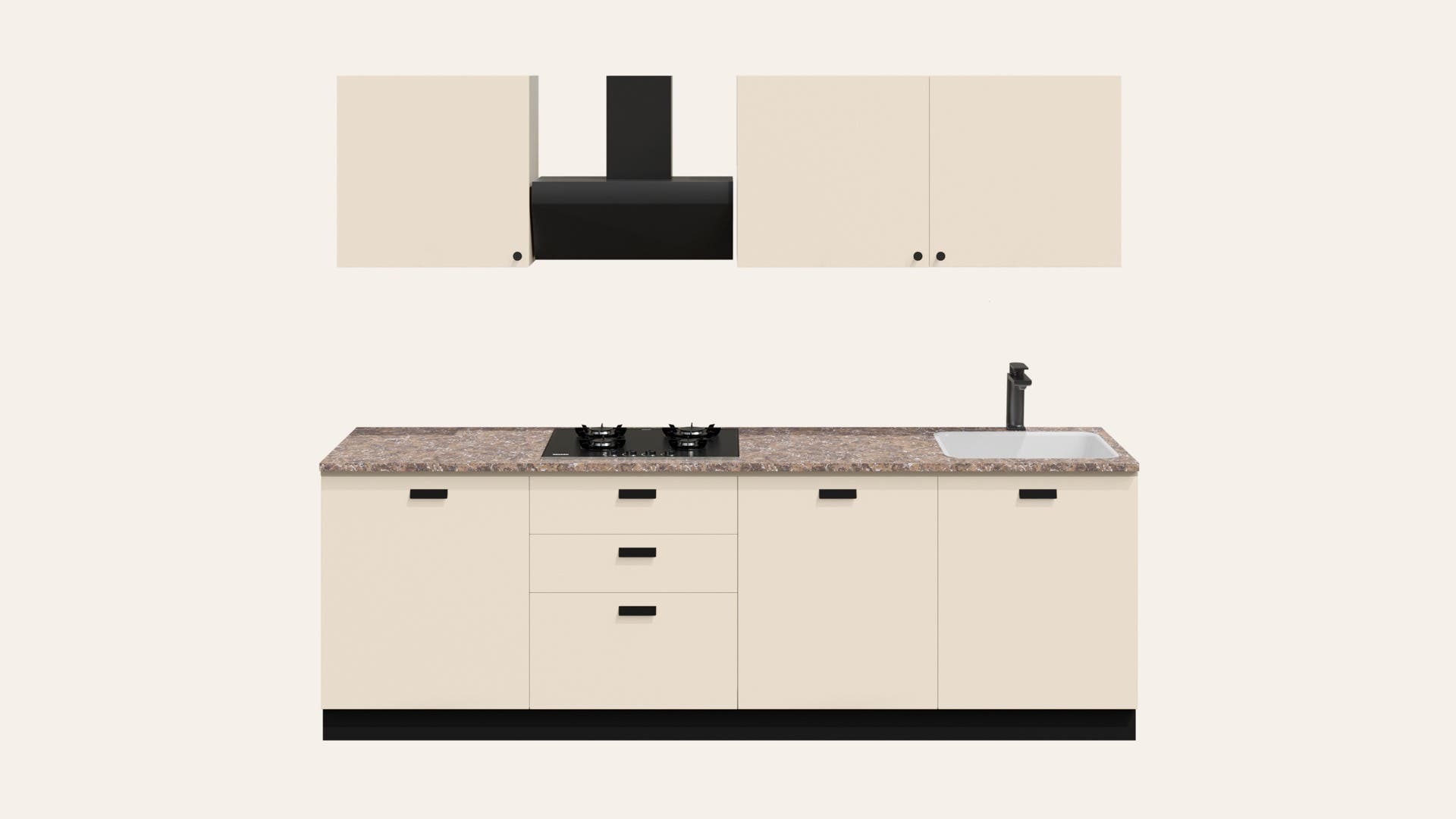 Modular Kitchen Complete Set with Countertop, Cabinets and Pull-out Drawers