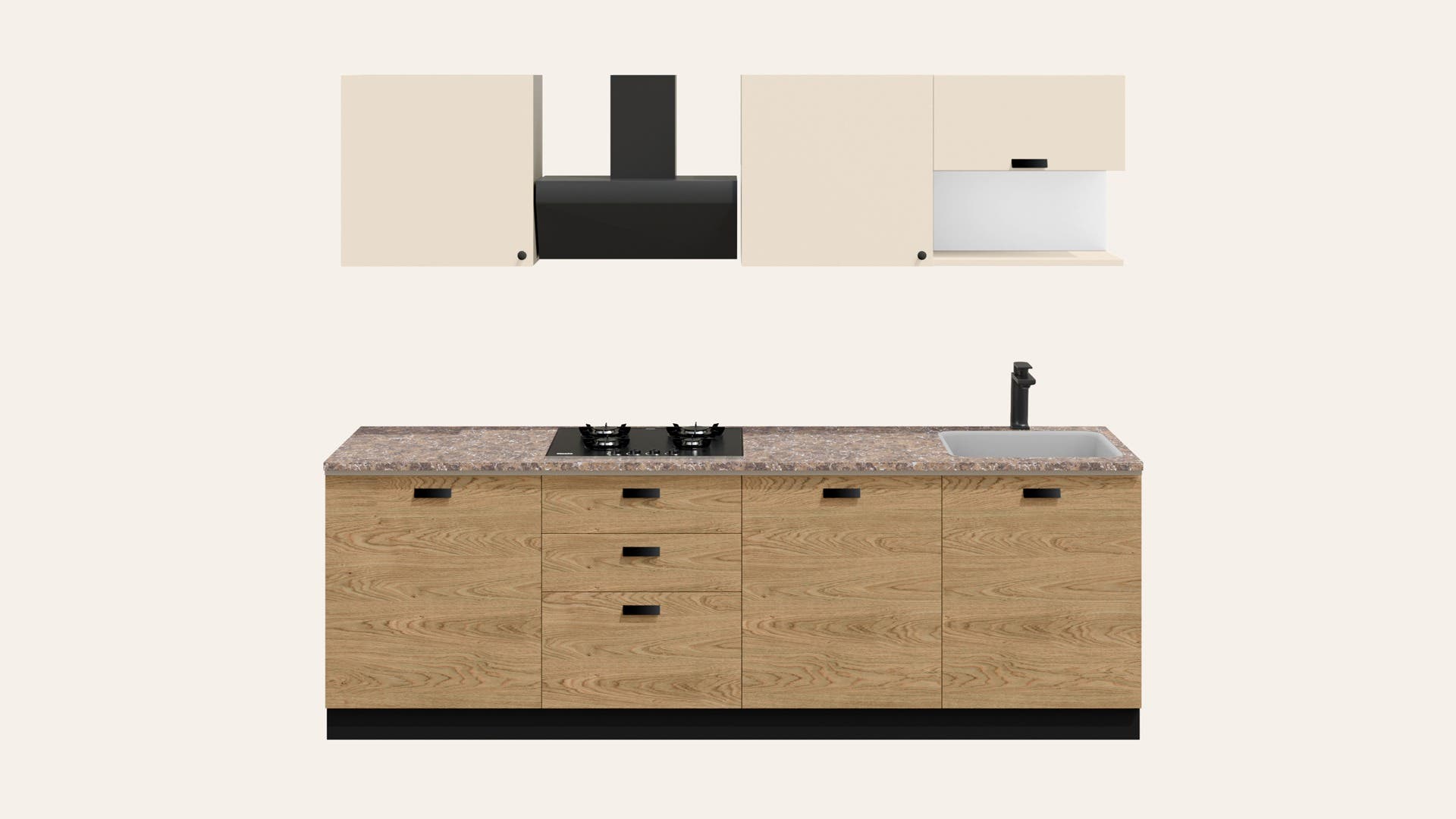 Modular Kitchen Complete Set with Countertop, Cabinets and Pull-out Drawers