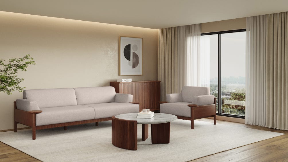 Lavana Fabric Sofa Set with Wooden Disk Tray on Armrest 
