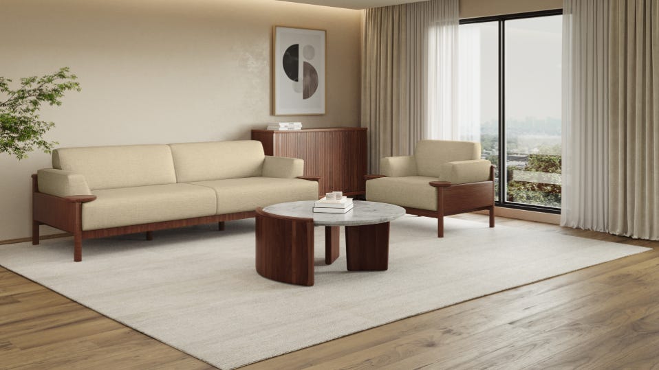 Lavana Fabric Sofa Set with Wooden Disk Tray on Armrest 