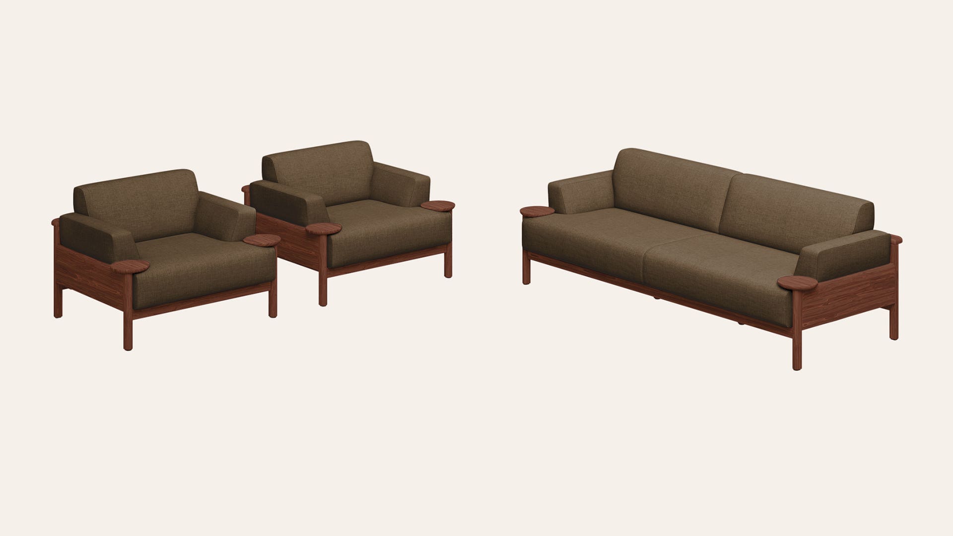 Lavana 5-Seater Fabric Sofa Set with Wooden Disk Tray on Armrest (3 Seater + 1 Seater + 1 Seater)