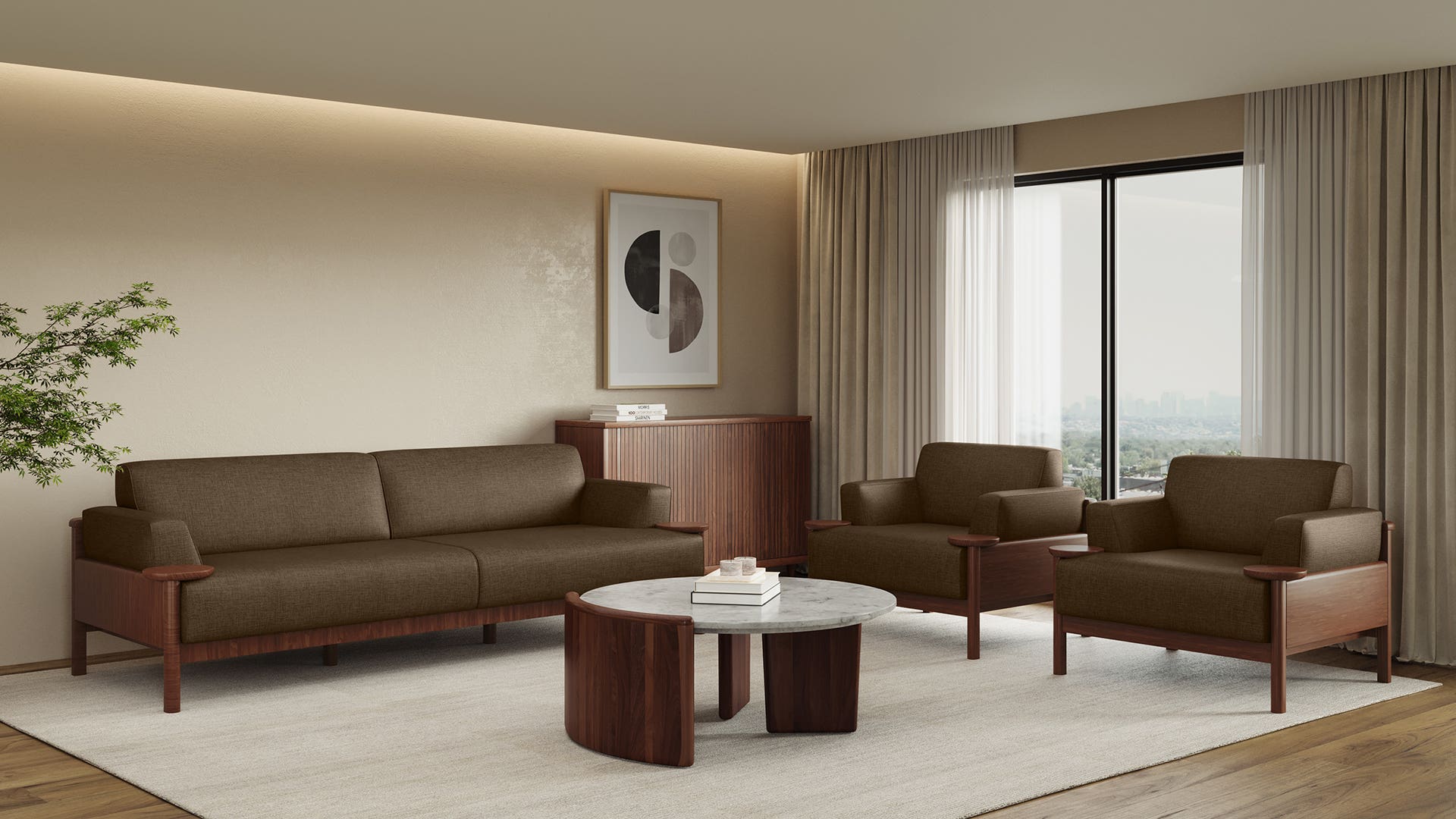 Lavana Fabric Sofa Set with Wooden Disk Tray on Armrest 