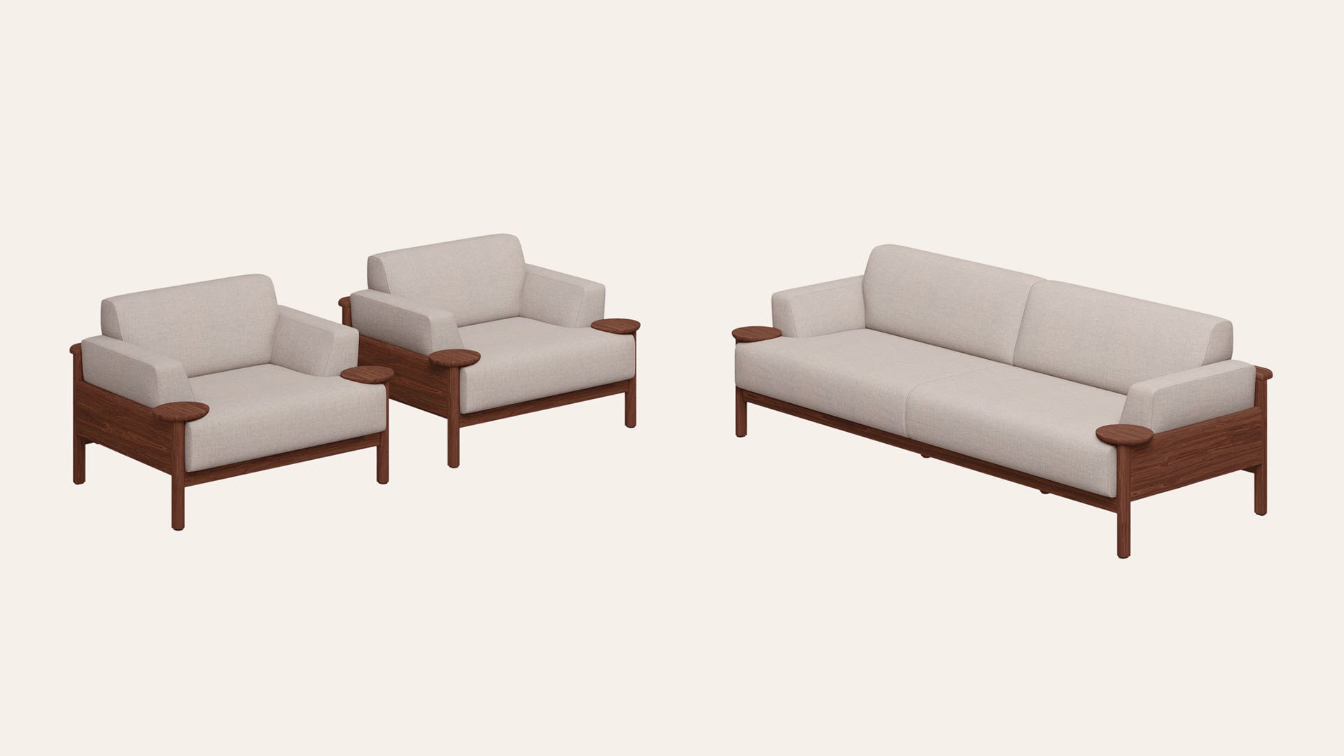 Lavana 5-Seater Fabric Sofa Set with Wooden Disk Tray on Armrest (3 Seater + 1 Seater + 1 Seater)