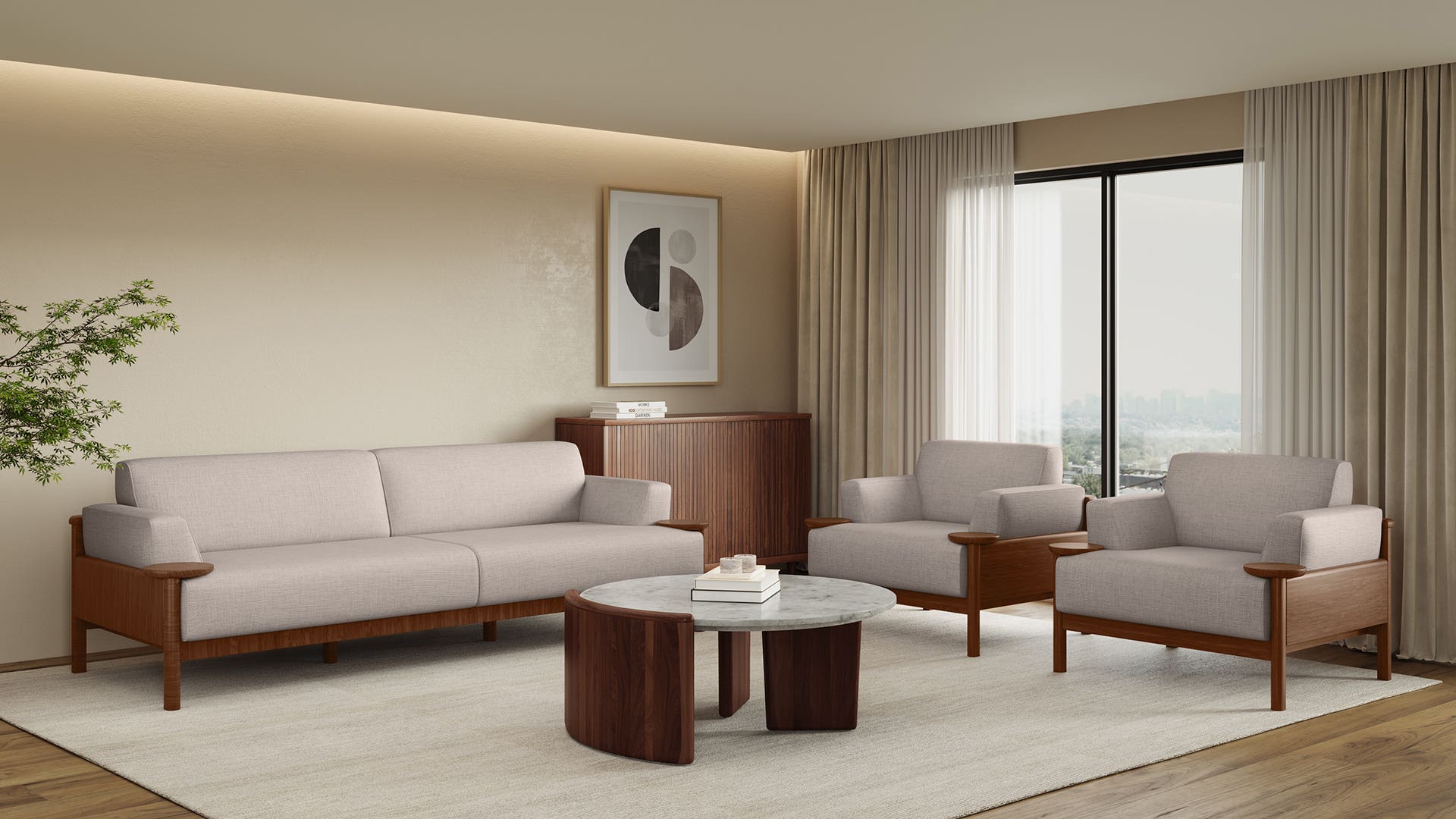 Lavana Fabric Sofa Set with Wooden Disk Tray on Armrest 