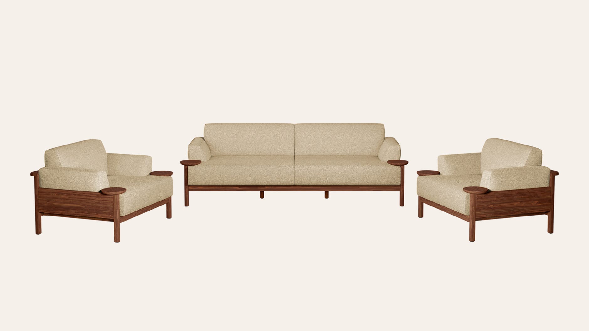 Lavana 5-Seater Fabric Sofa Set with Wooden Disk Tray on Armrest (3 Seater + 1 Seater + 1 Seater)