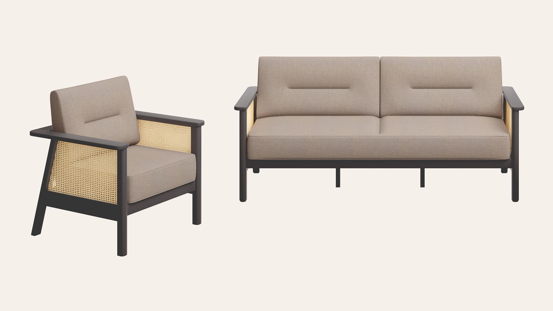 Ristova 4-Seater Fabric Sofa Set with Rattan Weave Armrest (3 Seater + 1 Seater)