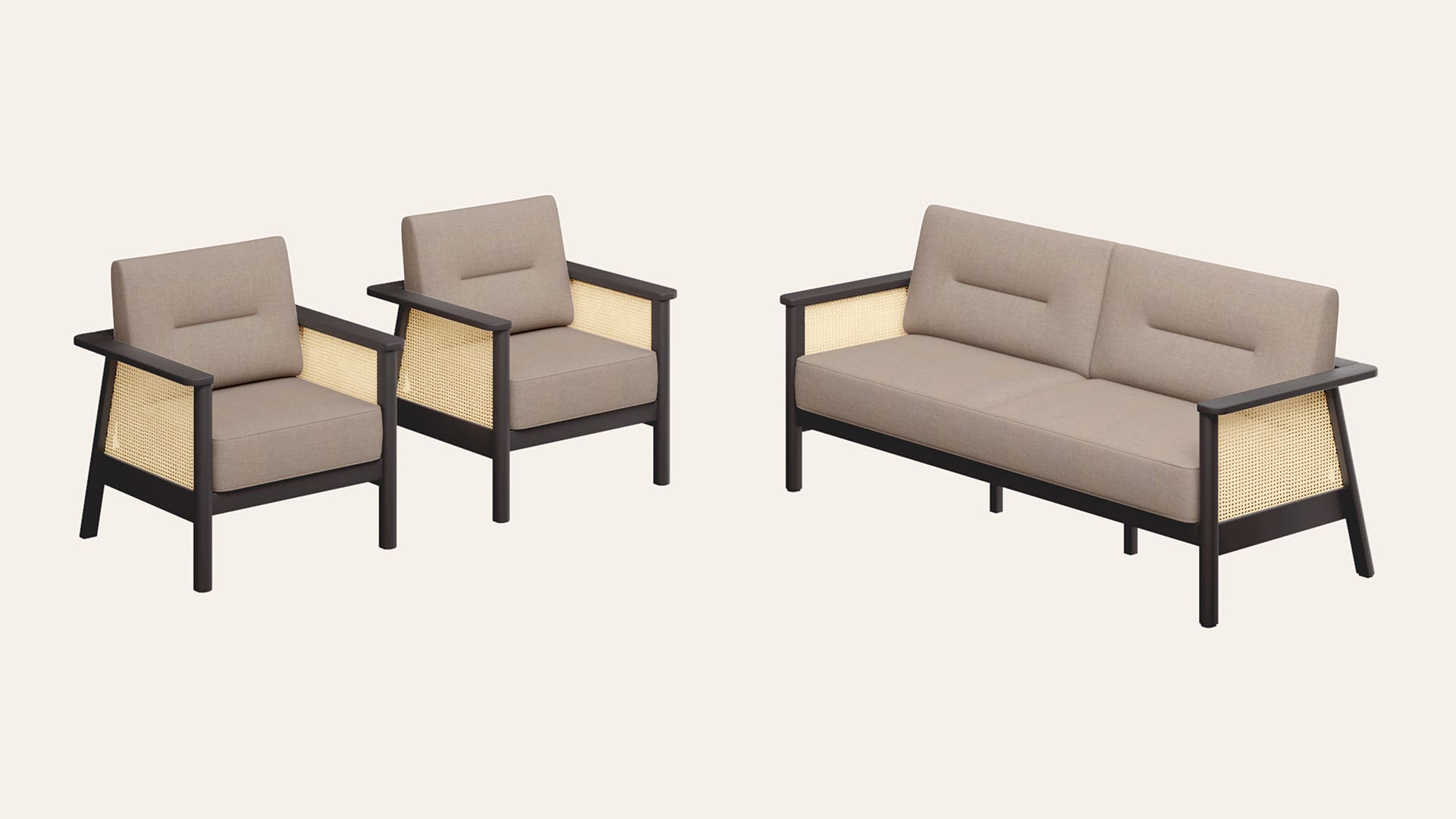 Ristova 5-Seater Fabric Sofa Set with Rattan Weave Armrest (3 Seater + 1 Seater + 1 Seater)