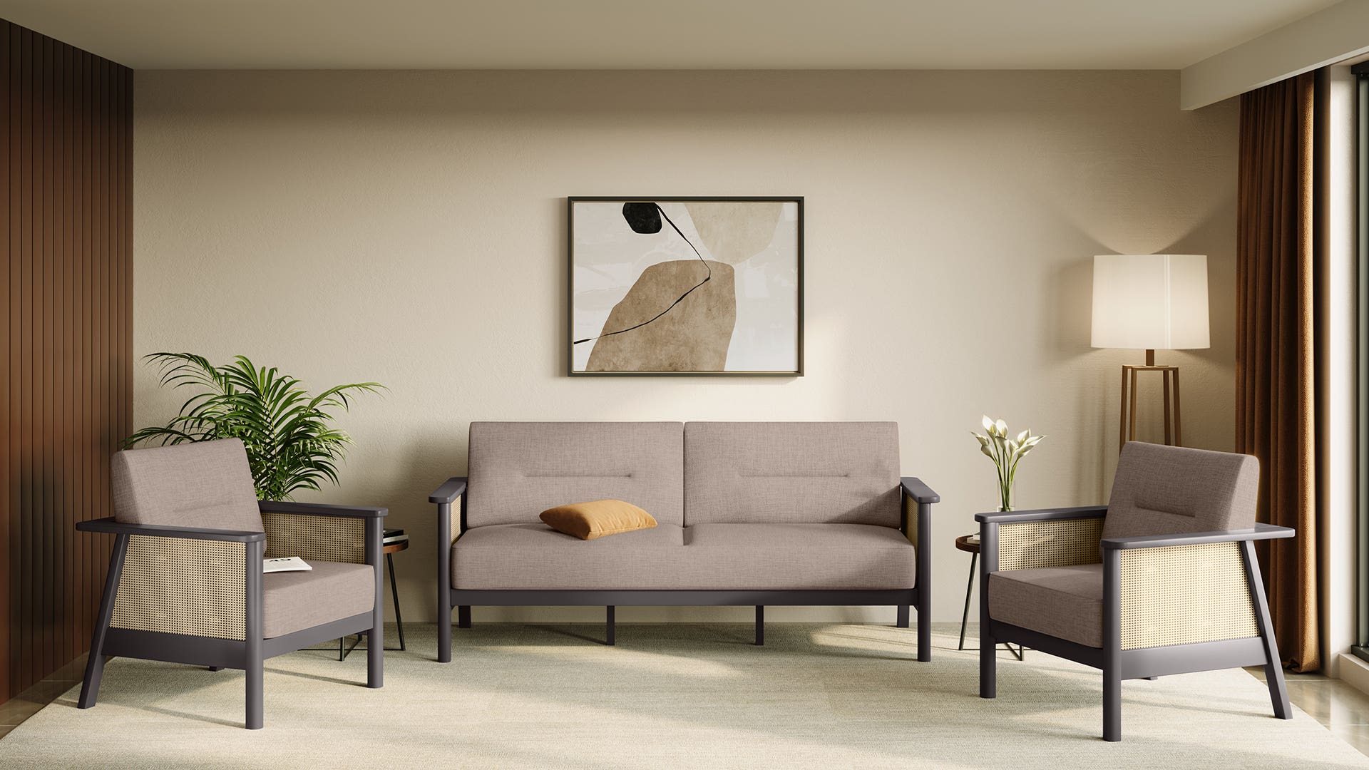 Ristova Fabric Sofa Set with Rattan Weave Armrest