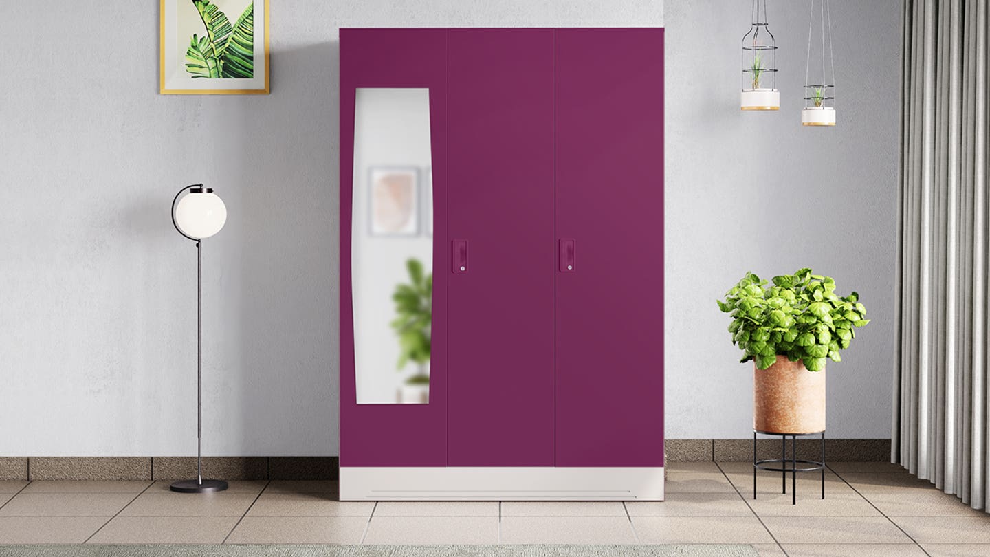 Slimline 3-Door Steel Almirah with Plain Mirror (Purple) Image 1