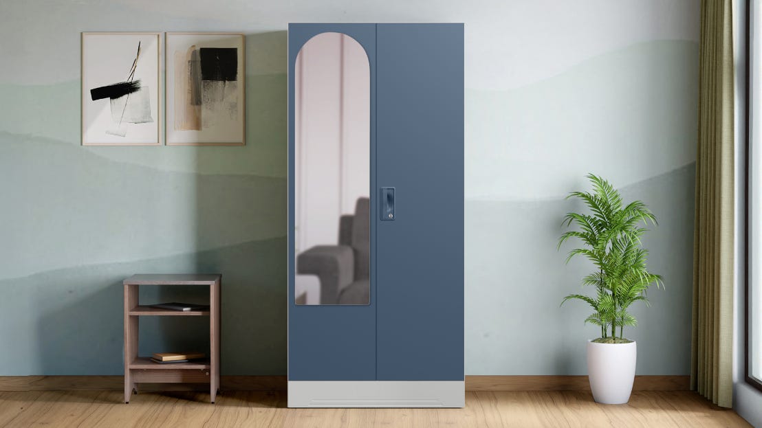 Slimline 2-Door Steel Almirah/Wardrobe with Halo Mirror (Blue Fusion)
