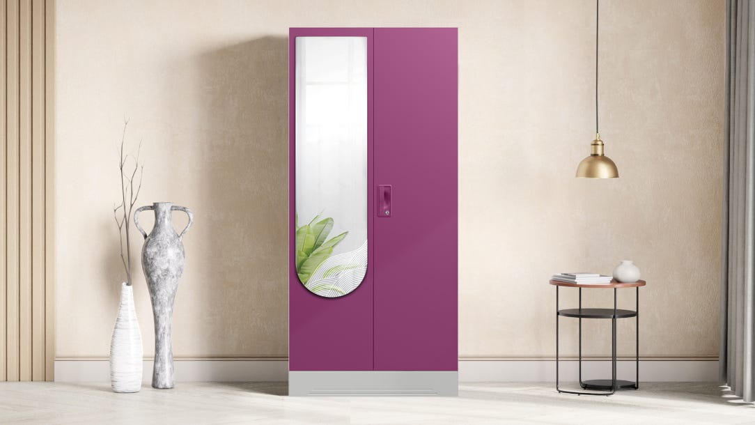 Slimline 2-Door Steel Almirah/Wardrobe with Wave Mirror (Purple)