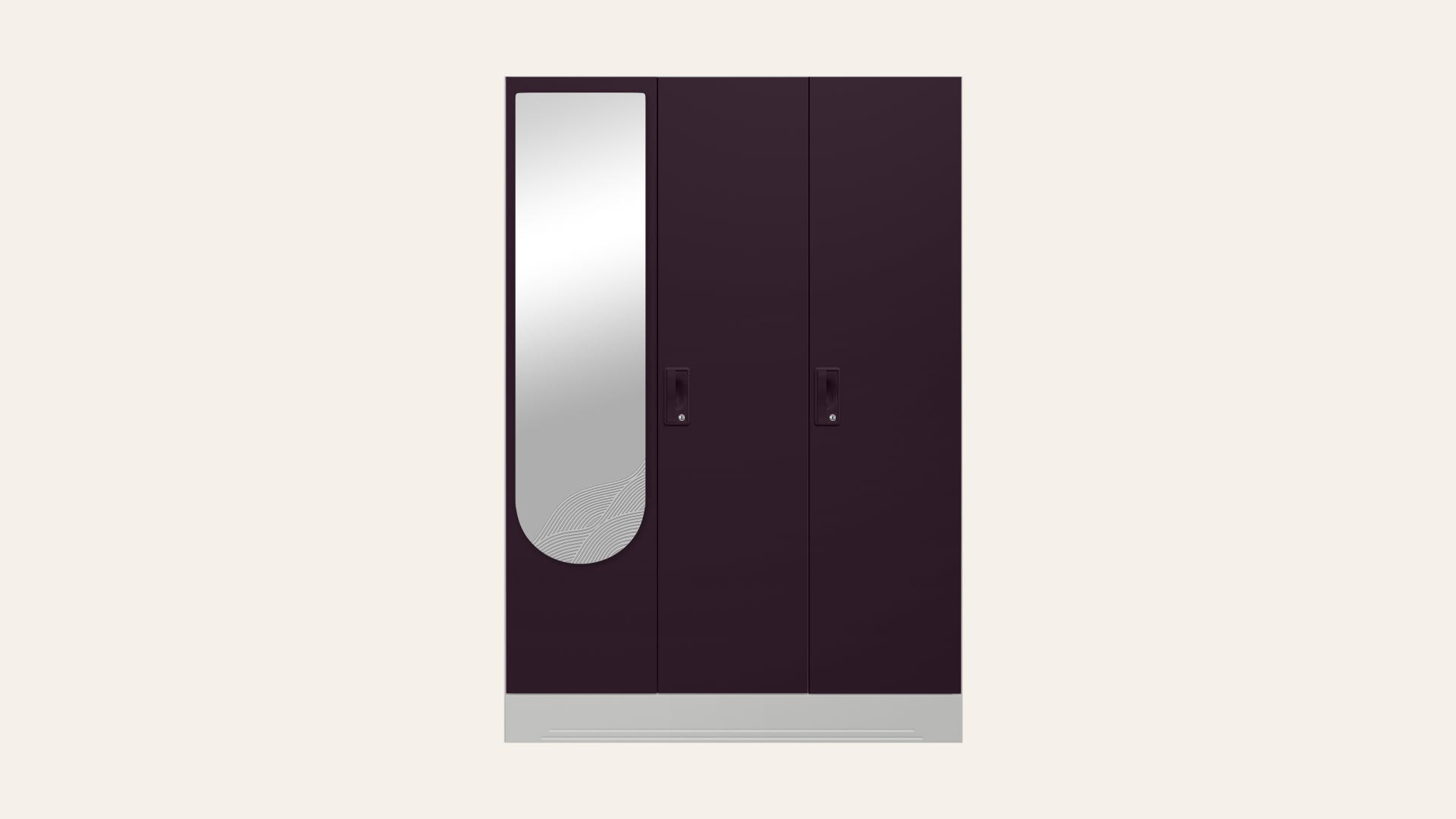 Slimline 3-Door Steel Almirah/Wardrobe with Wave Mirror (Shellwine Red)