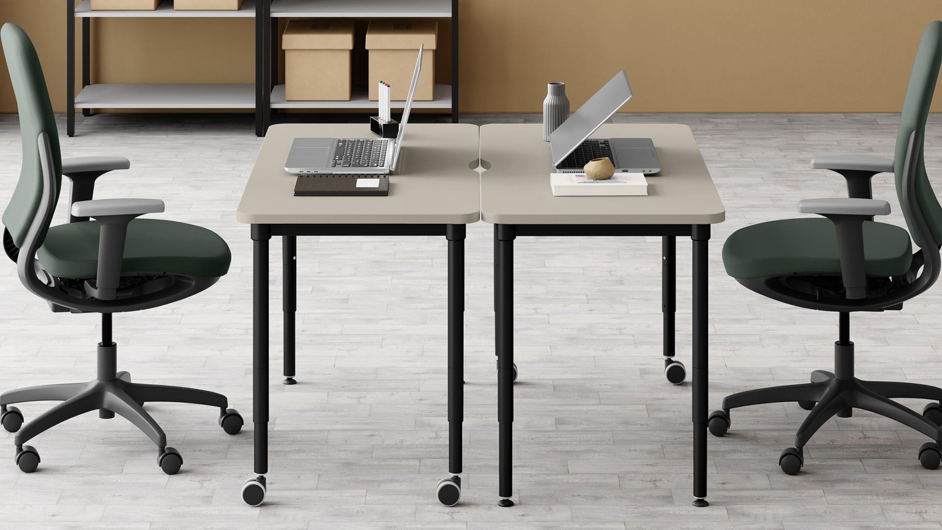 Swift Height Selectable Activity Table with Castors - 1200 X 600 (Warm Grey Top with Black Ink Legs)