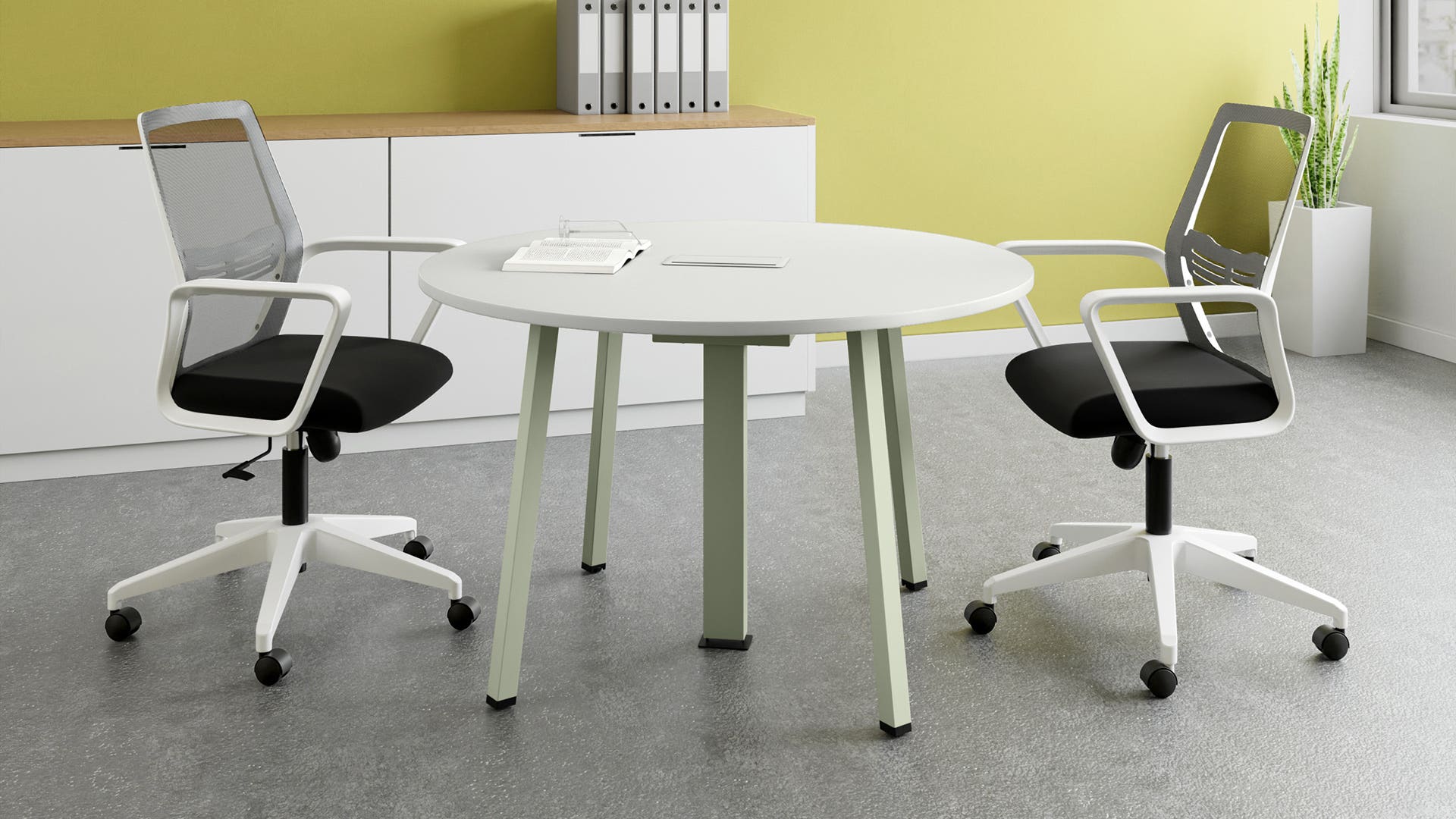 Sync Round Meeting Pod with Power Provision - 1200 Diameter (Sugar White Top, Gargoyle Legs)